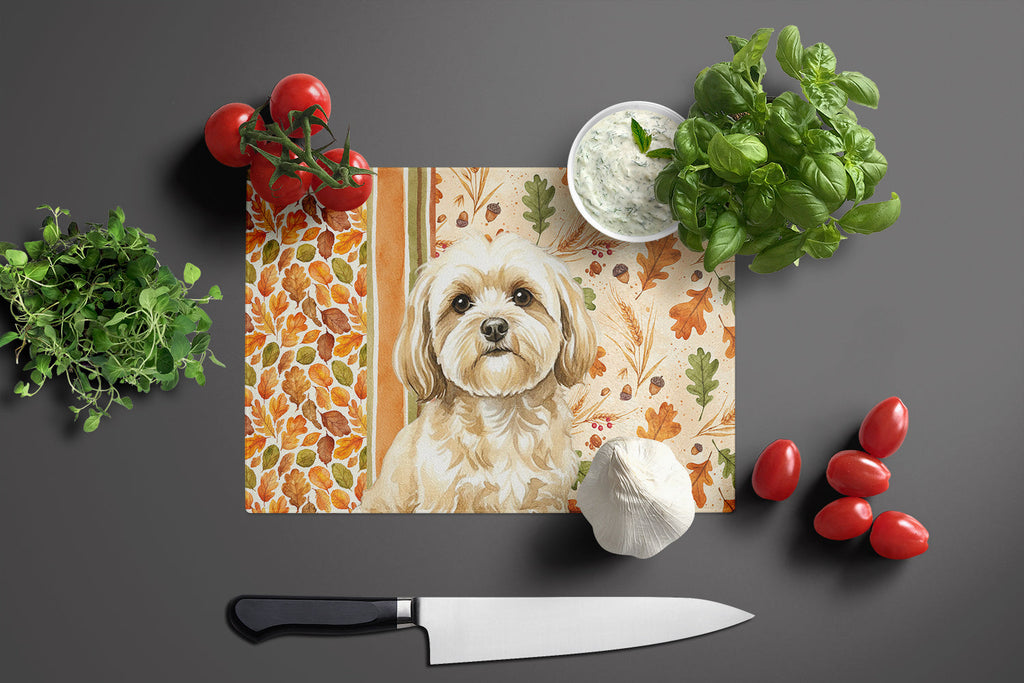 Cream Lhasa Apso Heirloom Fall Cutting Board Tempered Glass Kitchen Cutting Surface, Heat Resistant Chopping, Non-Slip Feet, Food Prep & Serving