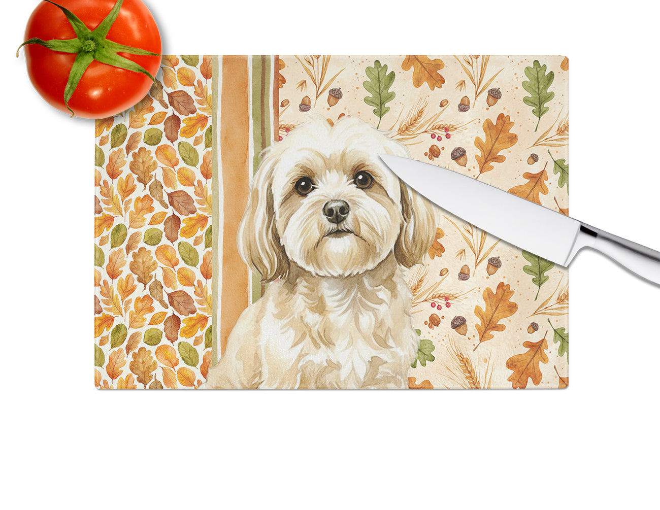 Cream Lhasa Apso Heirloom Fall Cutting Board Tempered Glass Kitchen Cutting Surface, Heat Resistant Chopping, Non-Slip Feet, Food Prep & Serving