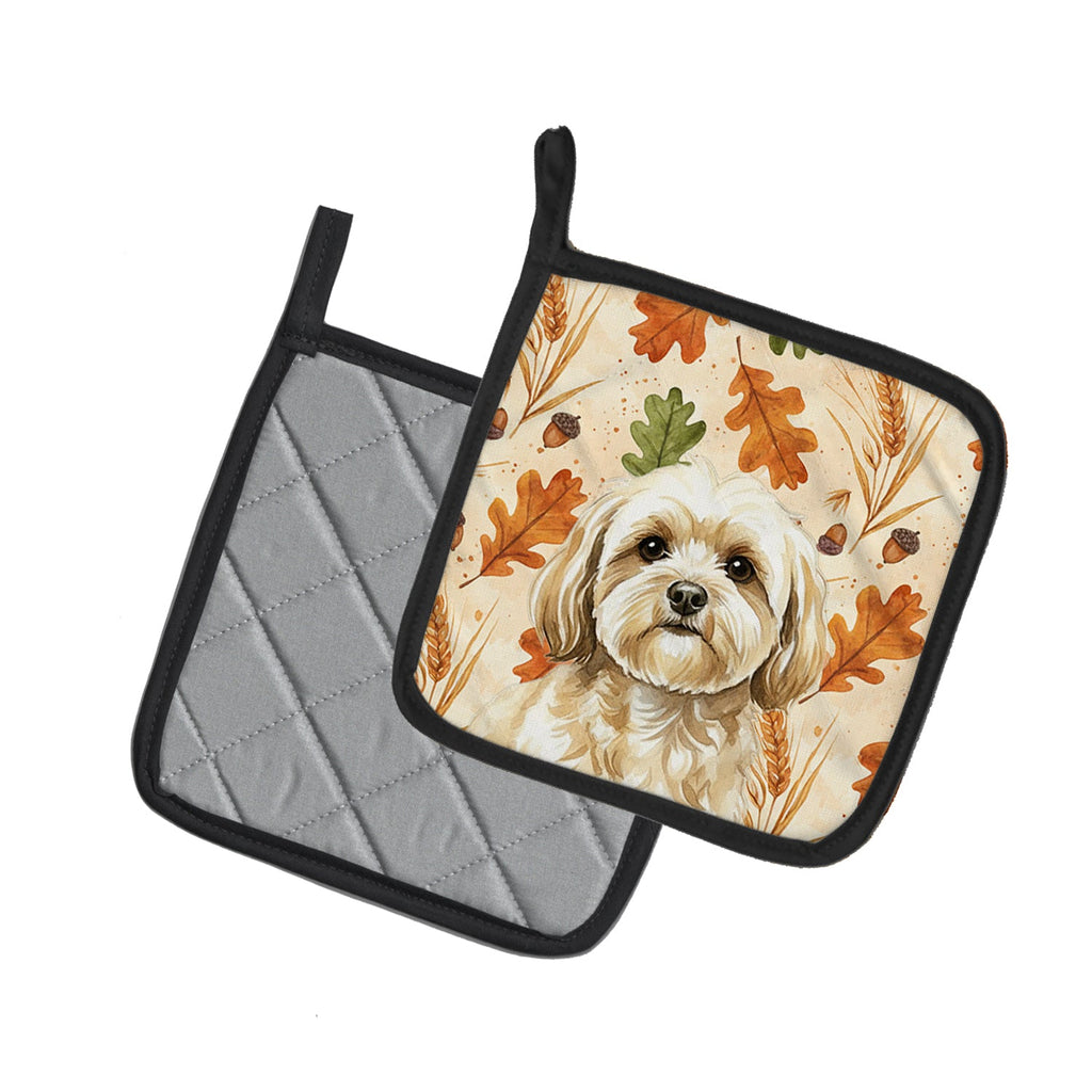 Cream Lhasa Apso Heirloom Fall Pot Holder Set of 2 Heat Resistant Quilted Hot Pads 7.5 x 7.5 Inch, Insulated Kitchen Trivets for Cooking & Baking