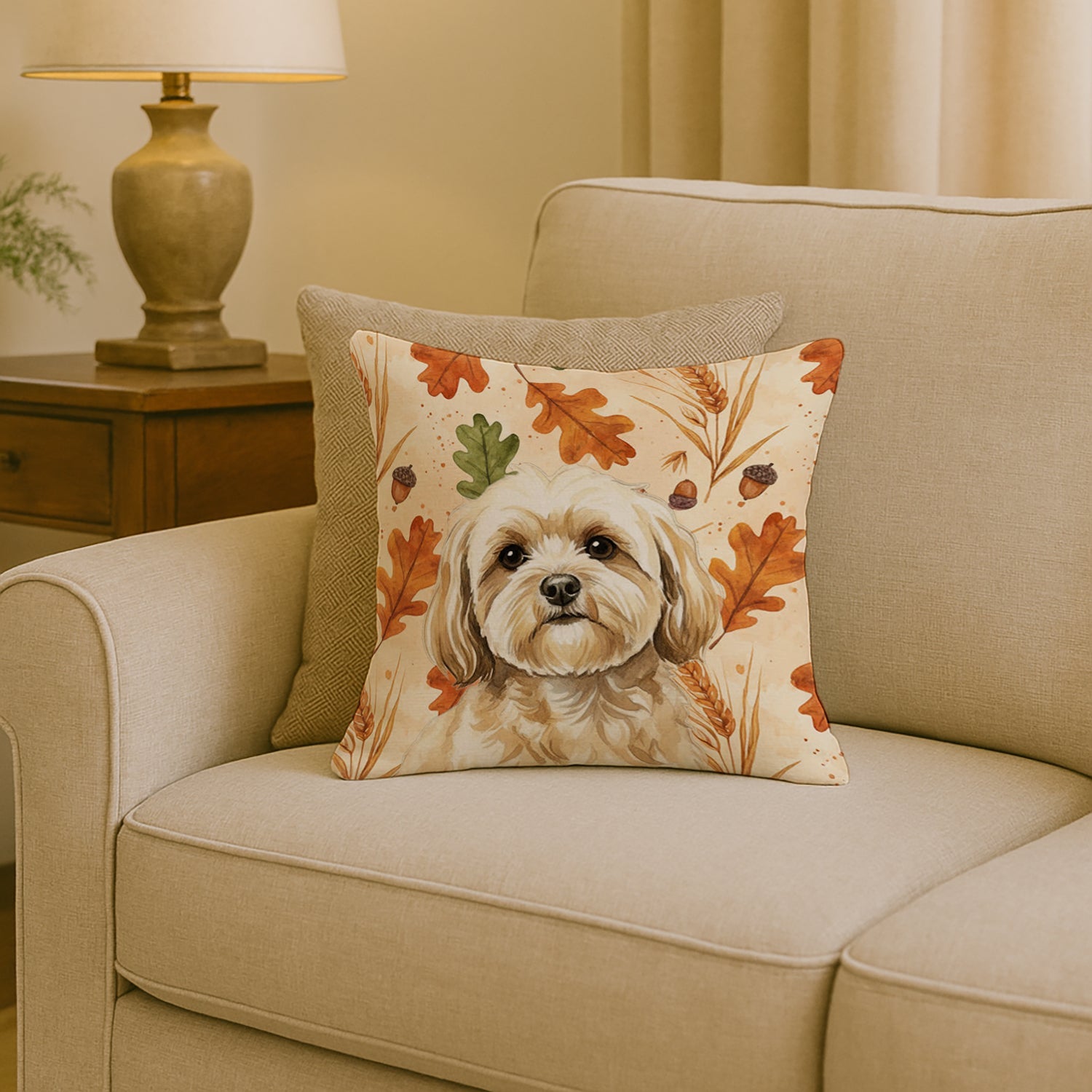 Cream Lhasa Apso Heirloom Fall Decorative Throw Pillow 18x18 Indoor Outdoor Accent Cushion, Fabric Cover with Insert for Sofa, Bed, Porch & Living Room