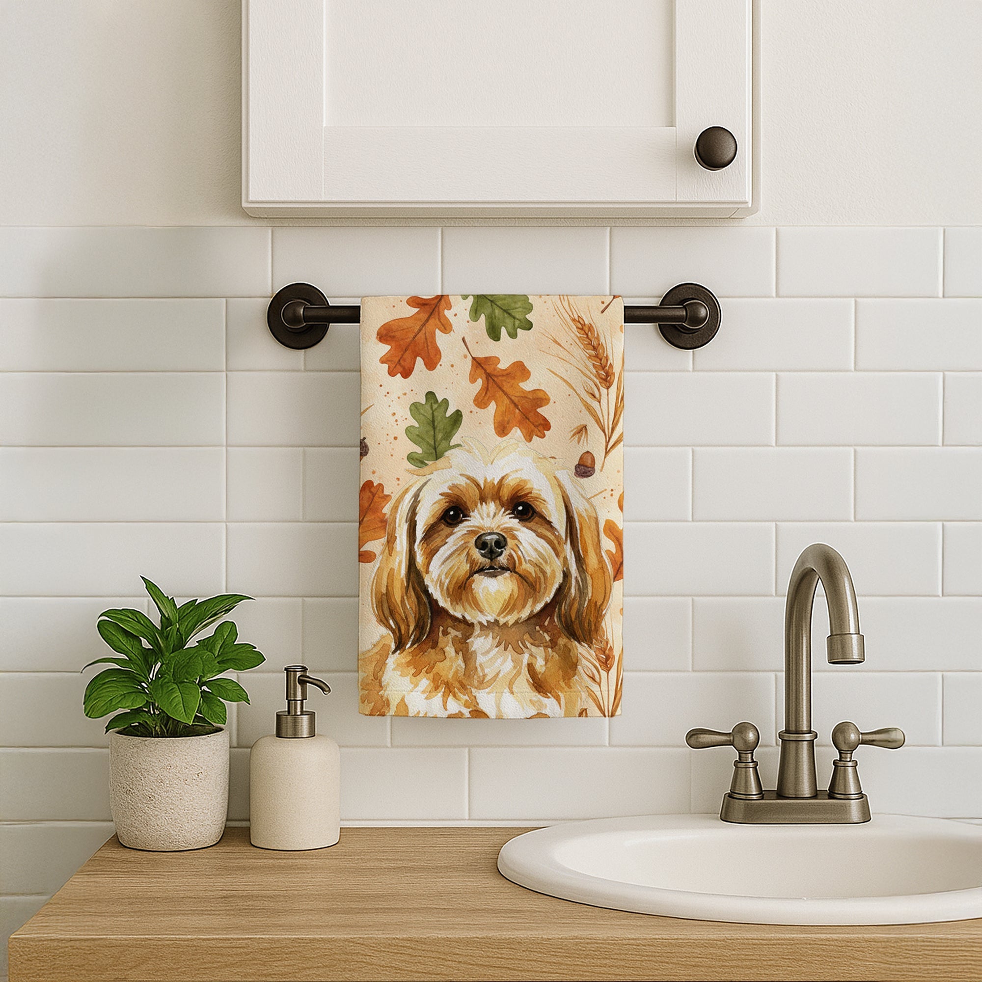 Gold Lhasa Apso Heirloom Fall Kitchen Towel Velour Plush Front and Cotton Loop Back Machine Washable