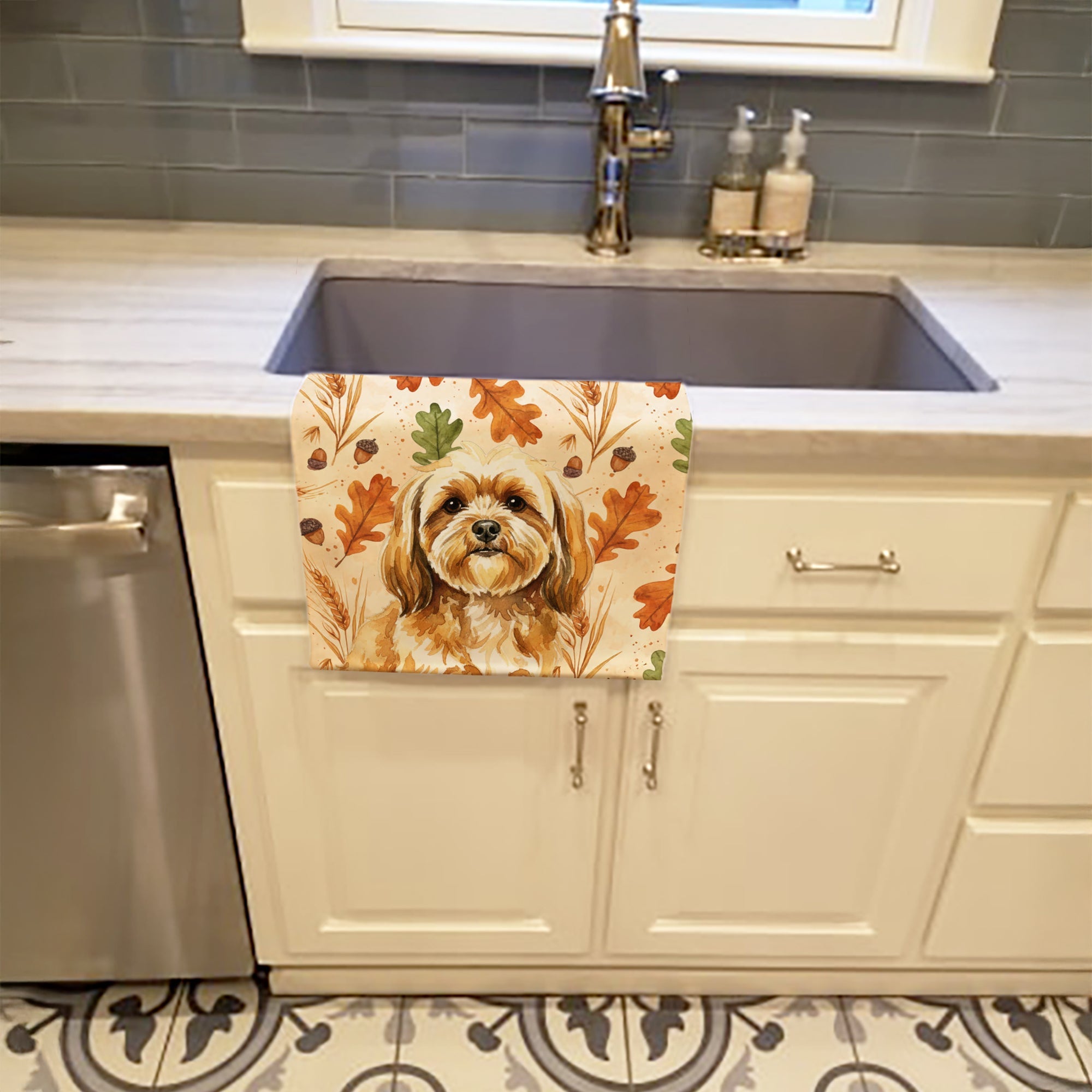 Gold Lhasa Apso Heirloom Fall Kitchen Towel Velour Plush Front and Cotton Loop Back Machine Washable
