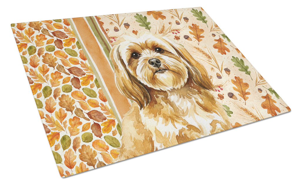 Gold Lhasa Apso Heirloom Fall Cutting Board Tempered Glass Kitchen Cutting Surface, Heat Resistant Chopping, Non-Slip Feet, Food Prep & Serving