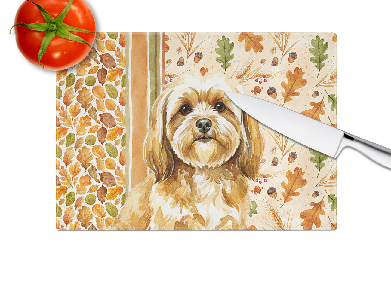 Gold Lhasa Apso Heirloom Fall Cutting Board Tempered Glass Kitchen Cutting Surface, Heat Resistant Chopping, Non-Slip Feet, Food Prep & Serving