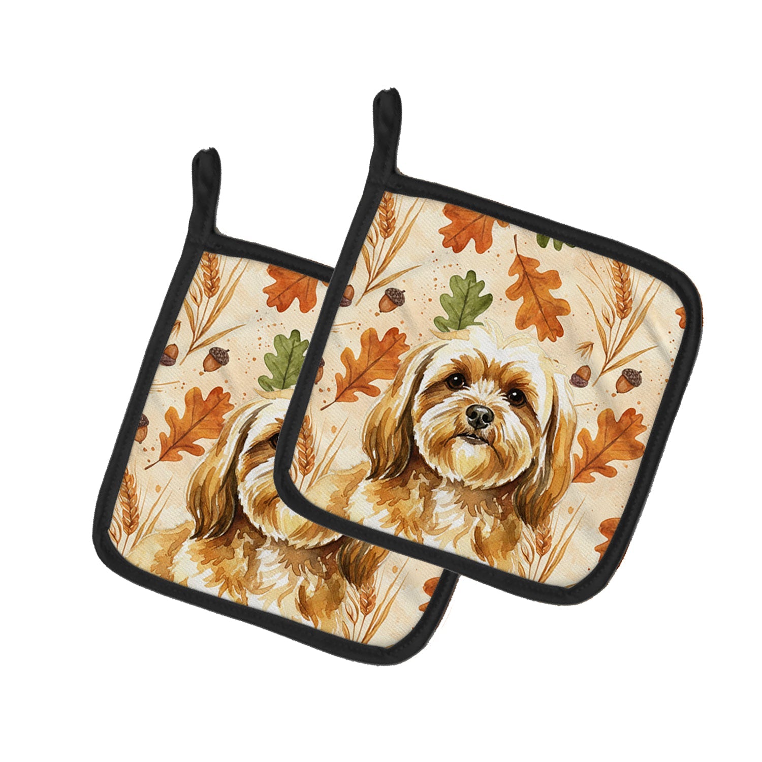 Gold Lhasa Apso Heirloom Fall Pot Holder Set of 2 Heat Resistant Quilted Hot Pads 7.5 x 7.5 Inch, Insulated Kitchen Trivets for Cooking & Baking