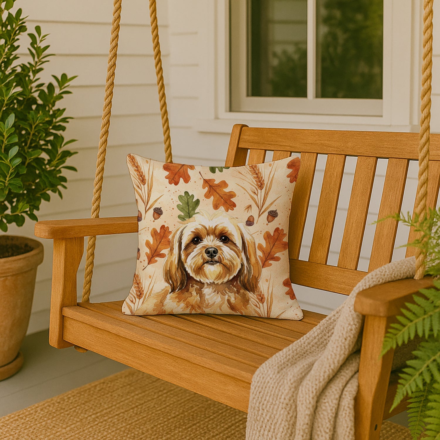 Gold Lhasa Apso Heirloom Fall Decorative Throw Pillow 18x18 Indoor Outdoor Accent Cushion, Fabric Cover with Insert for Sofa, Bed, Porch & Living Room