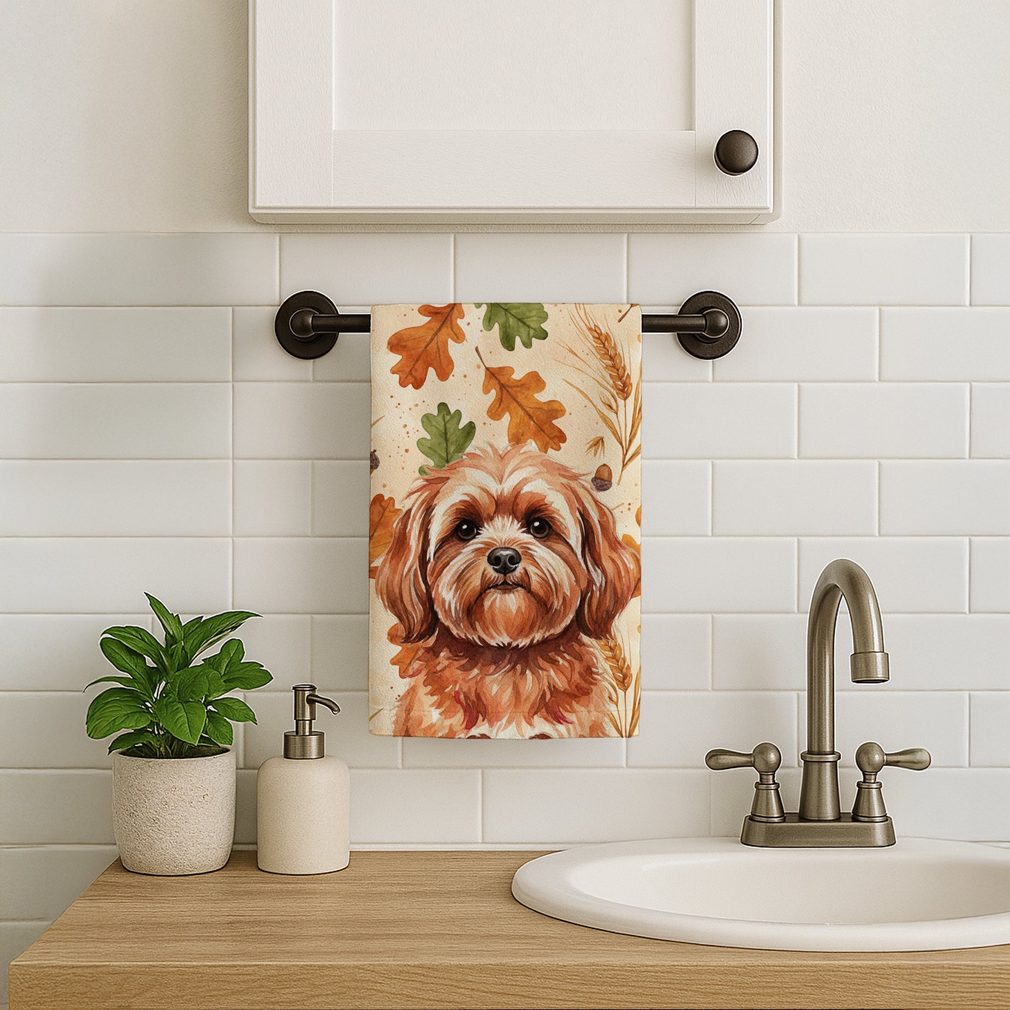 Red Lhasa Apso Heirloom Fall Kitchen Towel Velour Plush Front and Cotton Loop Back Machine Washable