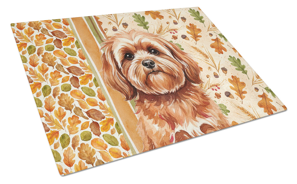 Red Lhasa Apso Heirloom Fall Cutting Board Tempered Glass Kitchen Cutting Surface, Heat Resistant Chopping, Non-Slip Feet, Food Prep & Serving