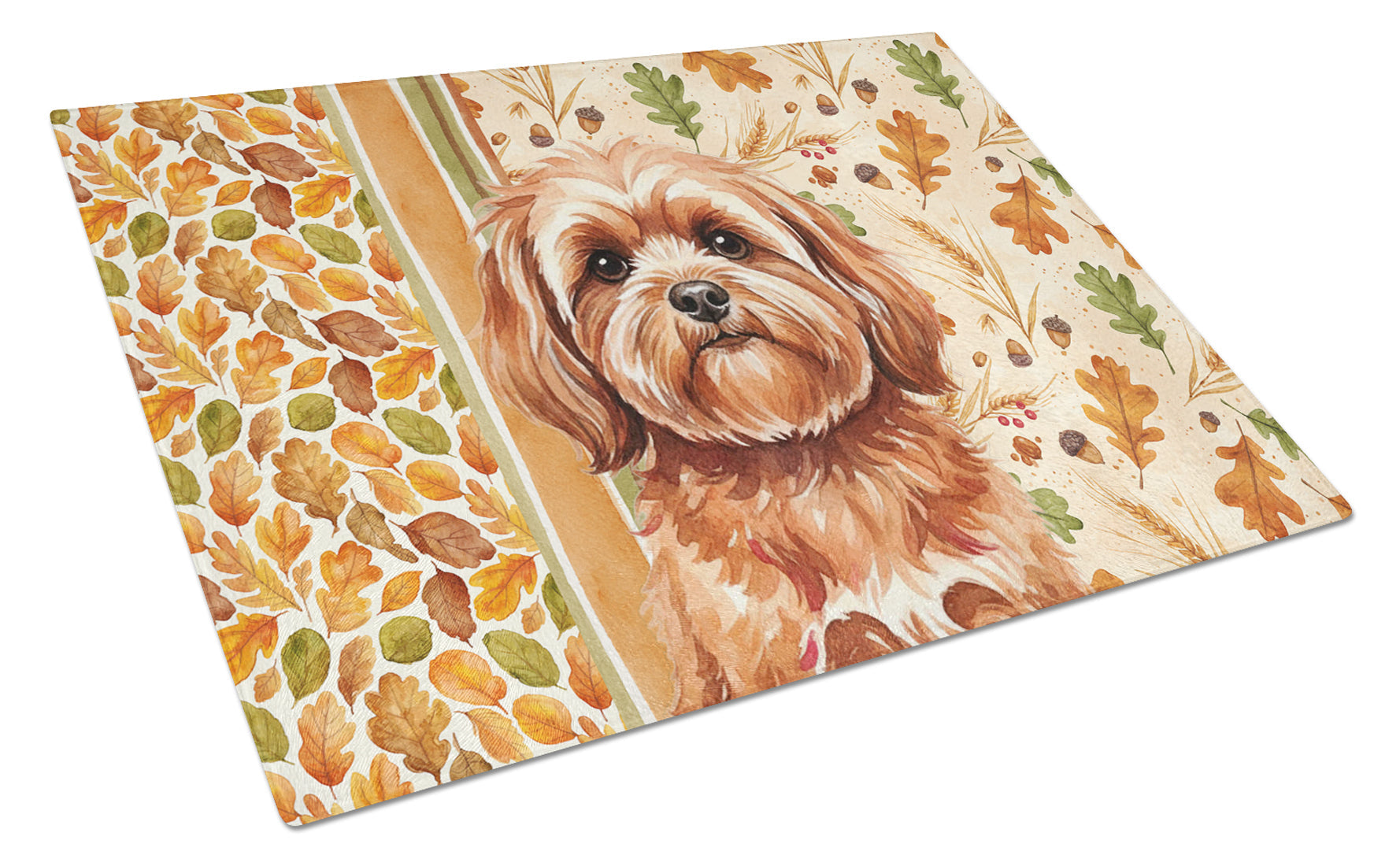 Red Lhasa Apso Heirloom Fall Cutting Board Tempered Glass Kitchen Cutting Surface, Heat Resistant Chopping, Non-Slip Feet, Food Prep & Serving