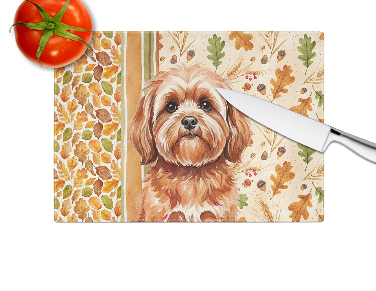 Red Lhasa Apso Heirloom Fall Cutting Board Tempered Glass Kitchen Cutting Surface, Heat Resistant Chopping, Non-Slip Feet, Food Prep & Serving