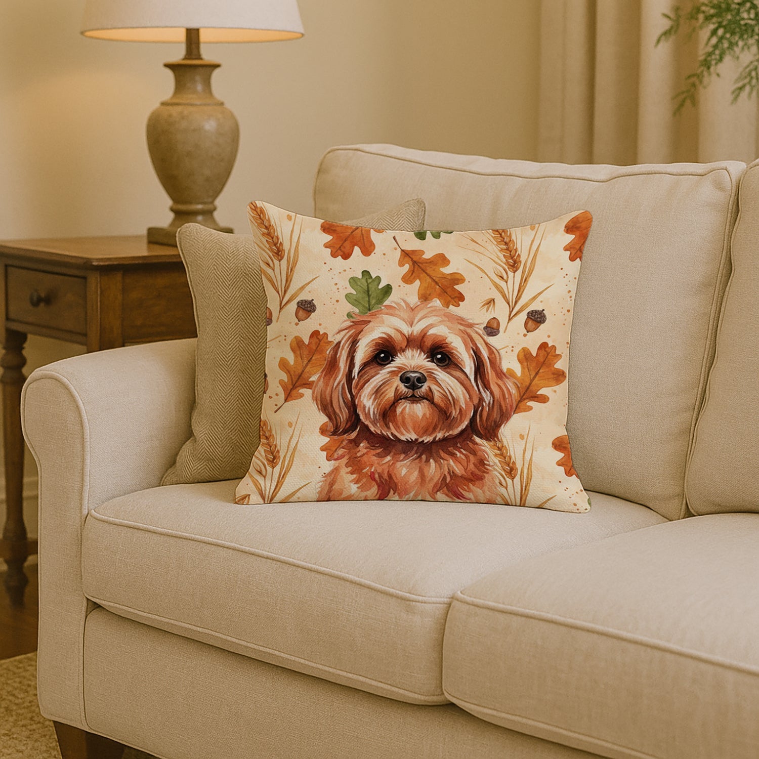 Red Lhasa Apso Heirloom Fall Decorative Throw Pillow 14x14 Indoor Outdoor Accent Cushion, Fabric Cover with Insert for Sofa, Bed, Porch & Living Room