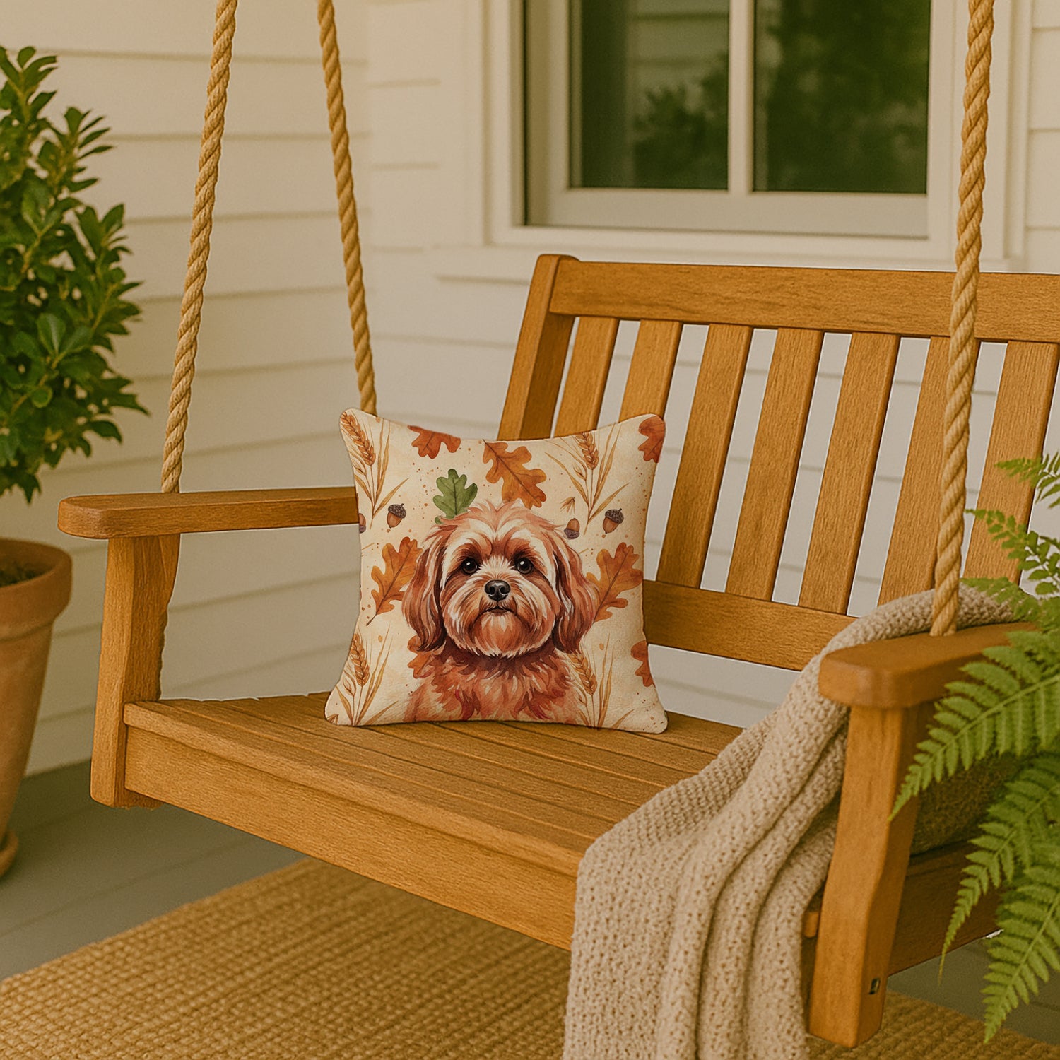 Red Lhasa Apso Heirloom Fall Decorative Throw Pillow 14x14 Indoor Outdoor Accent Cushion, Fabric Cover with Insert for Sofa, Bed, Porch & Living Room