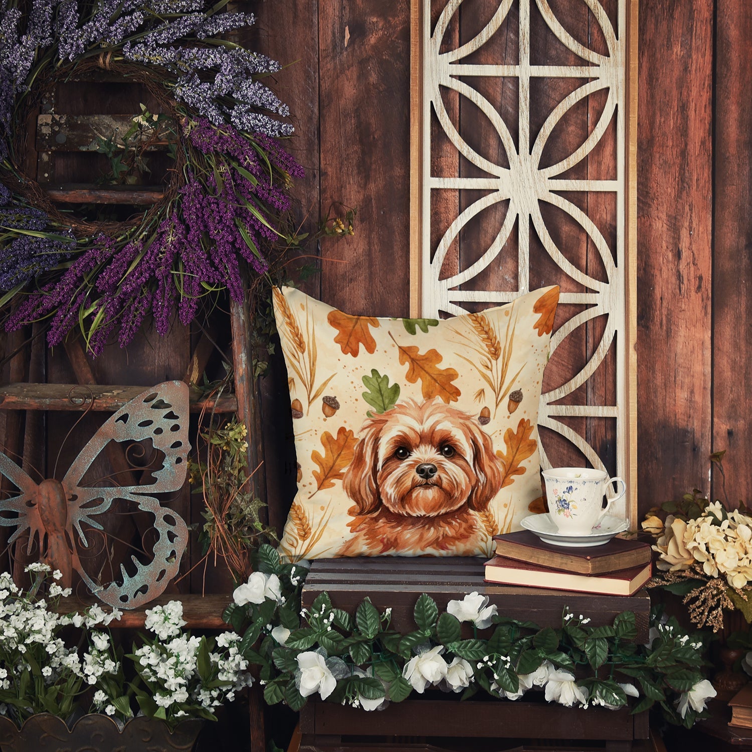Red Lhasa Apso Heirloom Fall Decorative Throw Pillow 14x14 Indoor Outdoor Accent Cushion, Fabric Cover with Insert for Sofa, Bed, Porch & Living Room