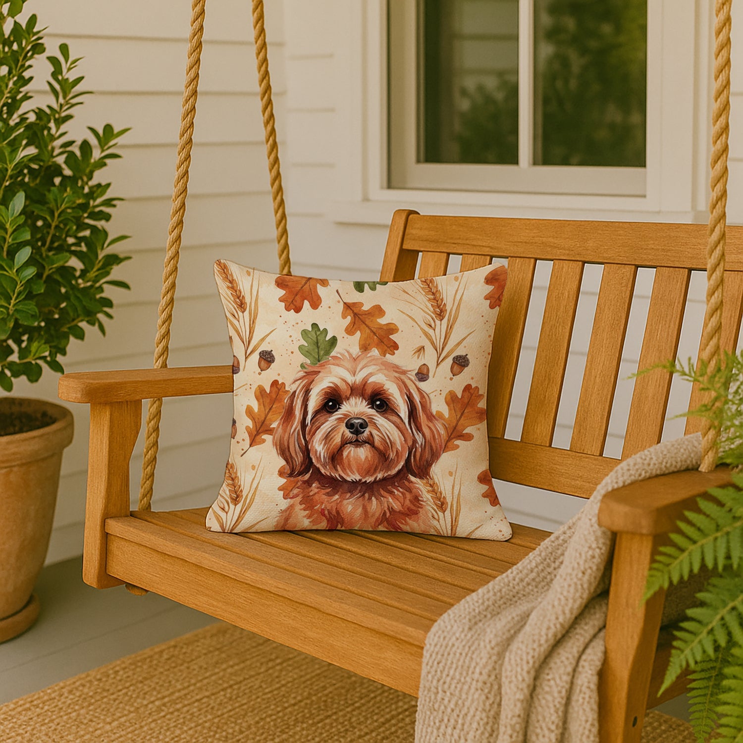 Red Lhasa Apso Heirloom Fall Decorative Throw Pillow 18x18 Indoor Outdoor Accent Cushion, Fabric Cover with Insert for Sofa, Bed, Porch & Living Room