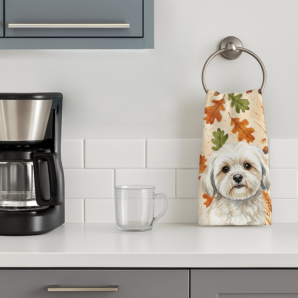 White Lhasa Apso Heirloom Fall Kitchen Towel Velour Plush Front and Cotton Loop Back Machine Washable