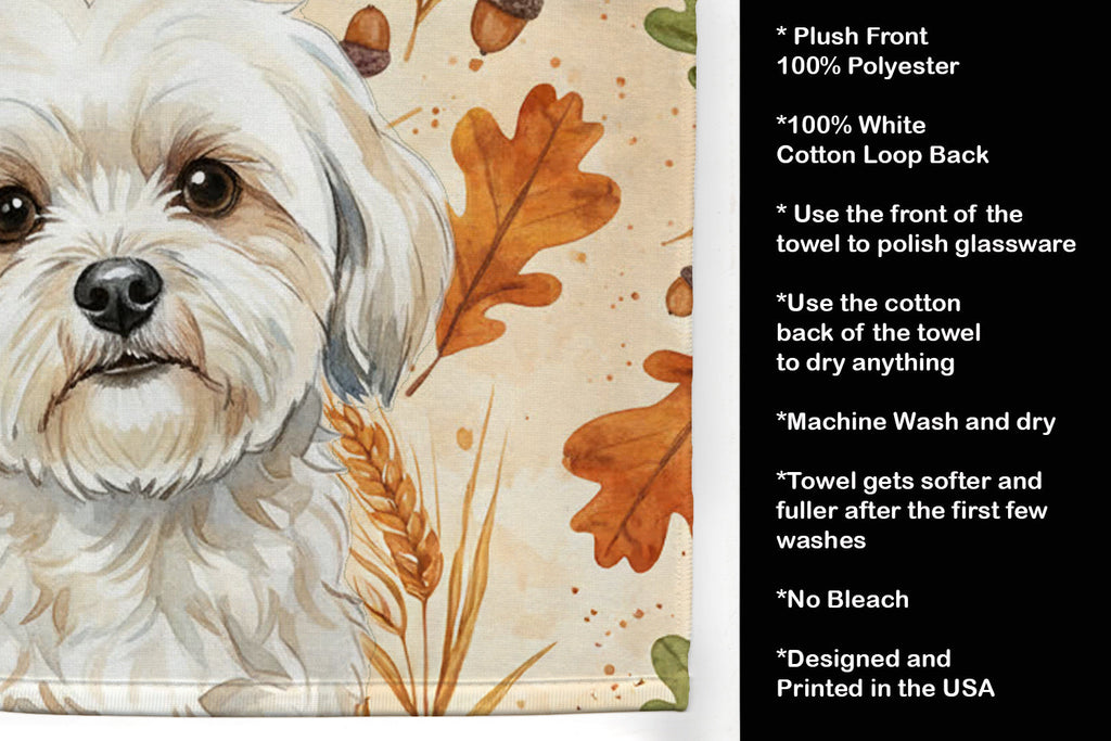 White Lhasa Apso Heirloom Fall Kitchen Towel Velour Plush Front and Cotton Loop Back Machine Washable
