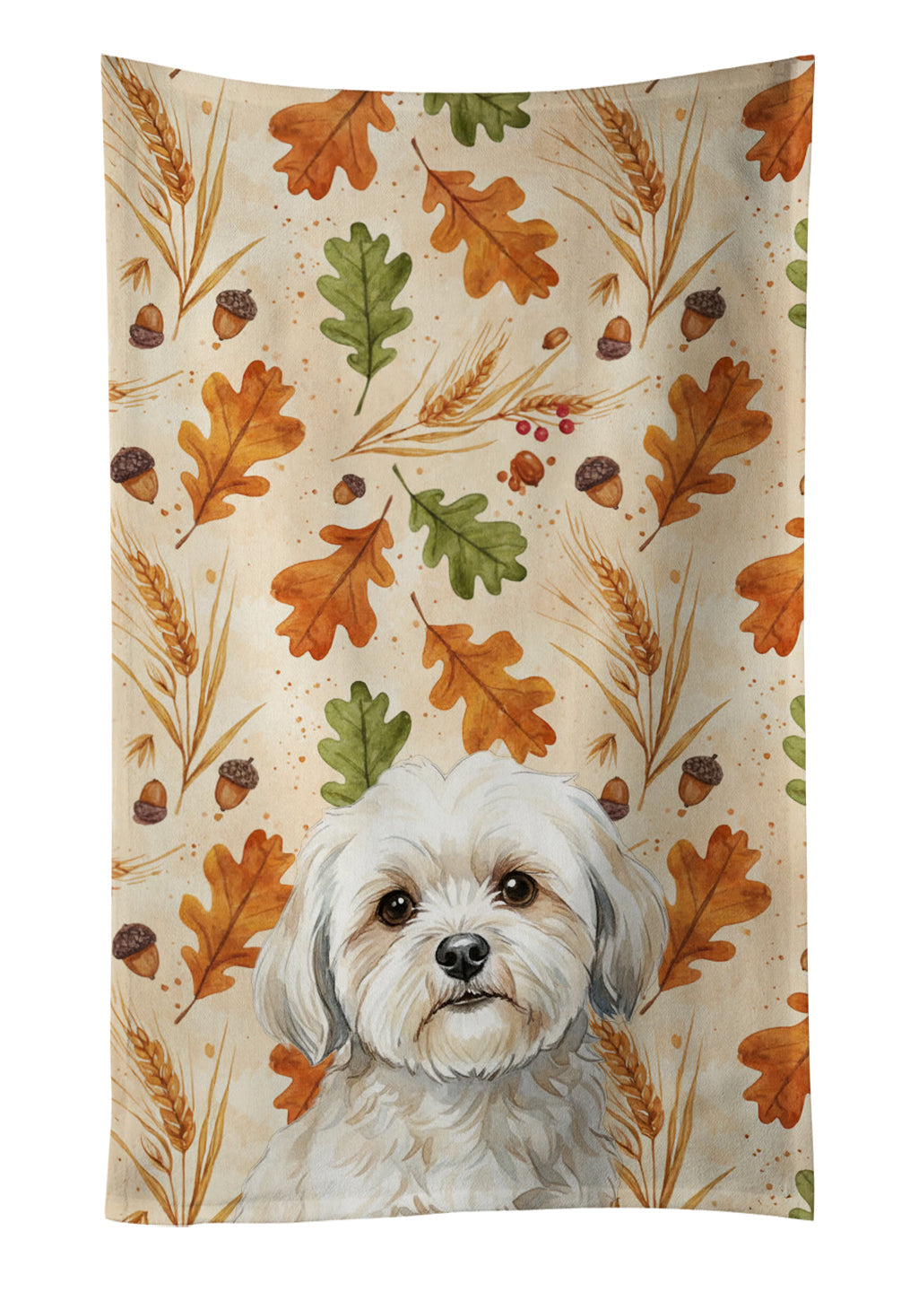 White Lhasa Apso Heirloom Fall Kitchen Towel Velour Plush Front and Cotton Loop Back Machine Washable