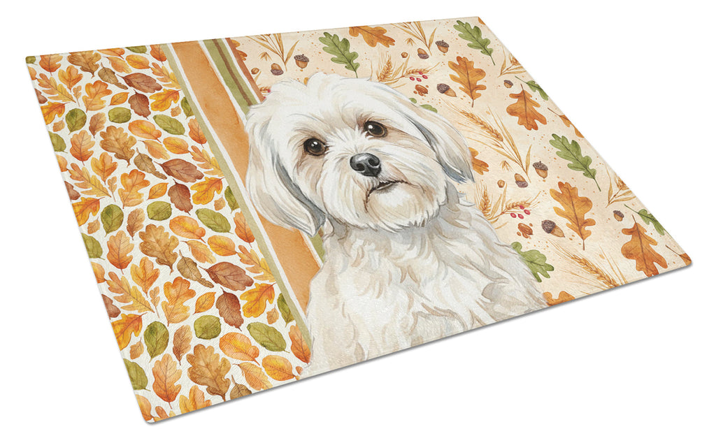 White Lhasa Apso Heirloom Fall Cutting Board Tempered Glass Kitchen Cutting Surface, Heat Resistant Chopping, Non-Slip Feet, Food Prep & Serving