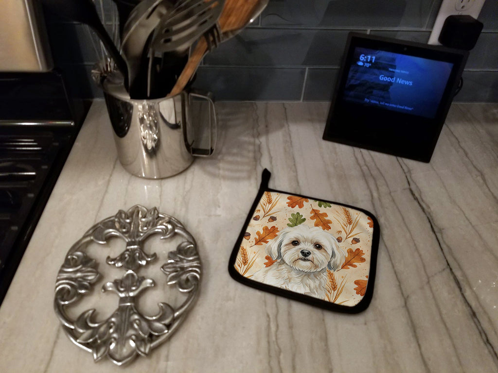 White Lhasa Apso Heirloom Fall Pot Holder Set of 2 Heat Resistant Quilted Hot Pads 7.5 x 7.5 Inch, Insulated Kitchen Trivets for Cooking & Baking