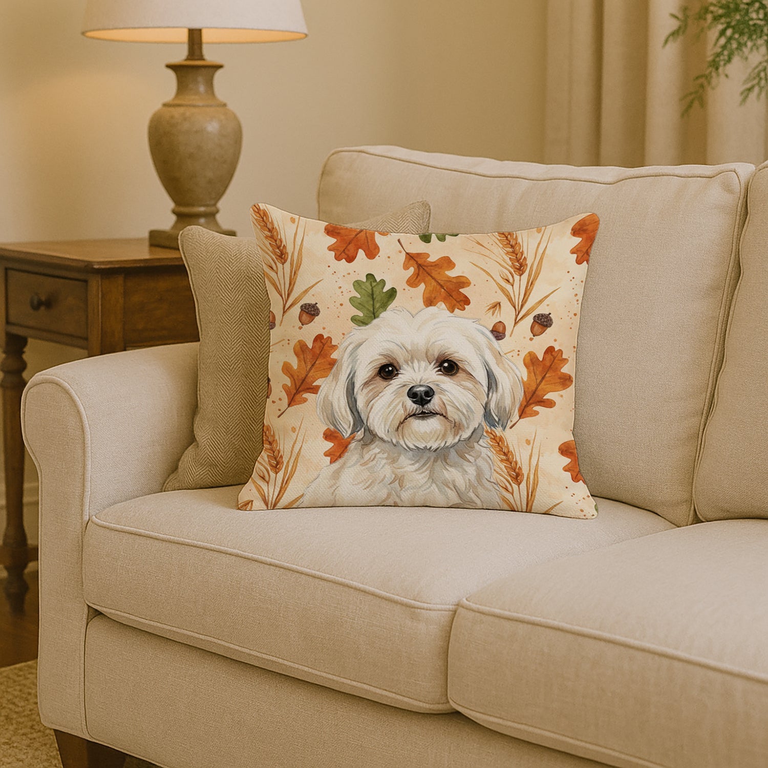 White Lhasa Apso Heirloom Fall Decorative Throw Pillow 14x14 Indoor Outdoor Accent Cushion, Fabric Cover with Insert for Sofa, Bed, Porch & Living Room