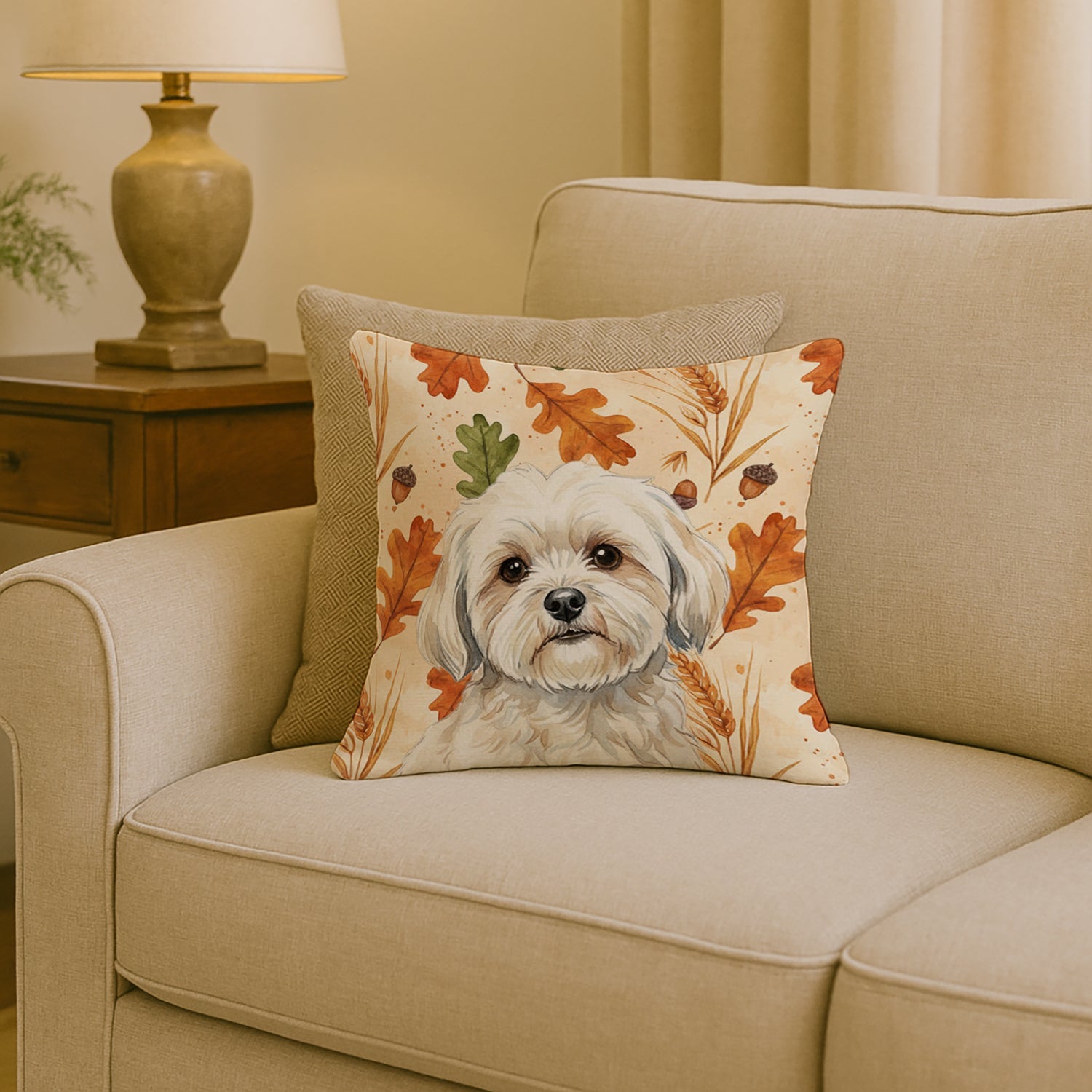 White Lhasa Apso Heirloom Fall Decorative Throw Pillow 18x18 Indoor Outdoor Accent Cushion, Fabric Cover with Insert for Sofa, Bed, Porch & Living Room