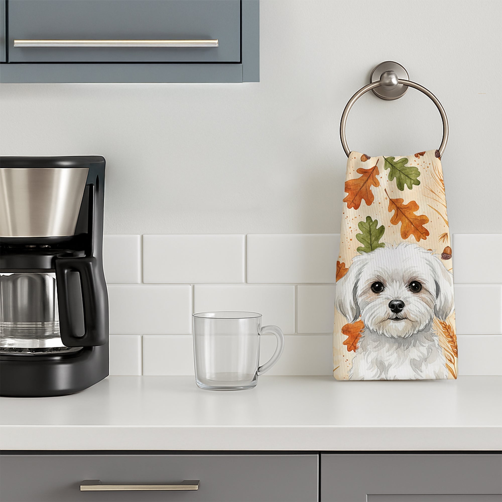 Maltese Heirloom Fall Kitchen Towel Velour Plush Front and Cotton Loop Back Machine Washable