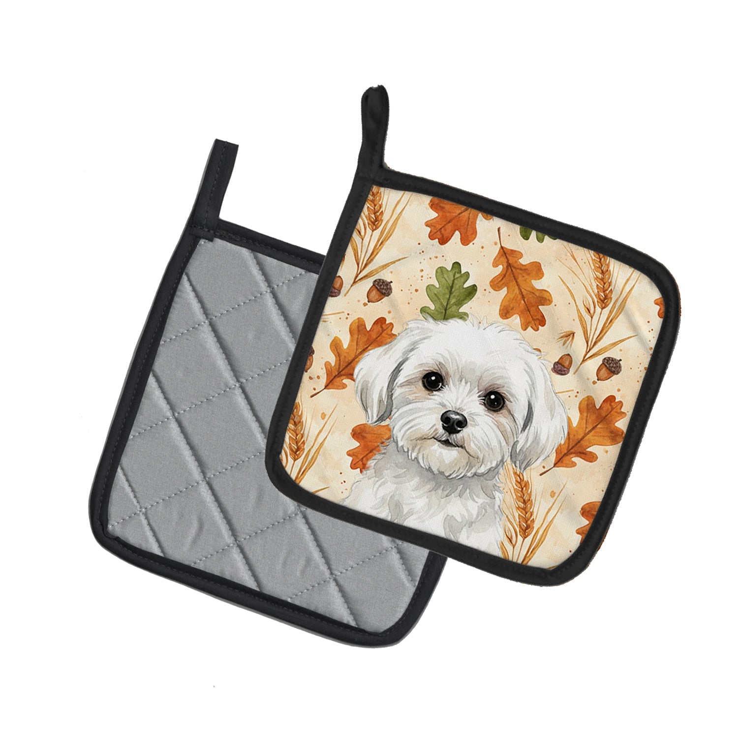Maltese Heirloom Fall Pot Holder Set of 2 Heat Resistant Quilted Hot Pads 7.5 x 7.5 Inch, Insulated Kitchen Trivets for Cooking & Baking