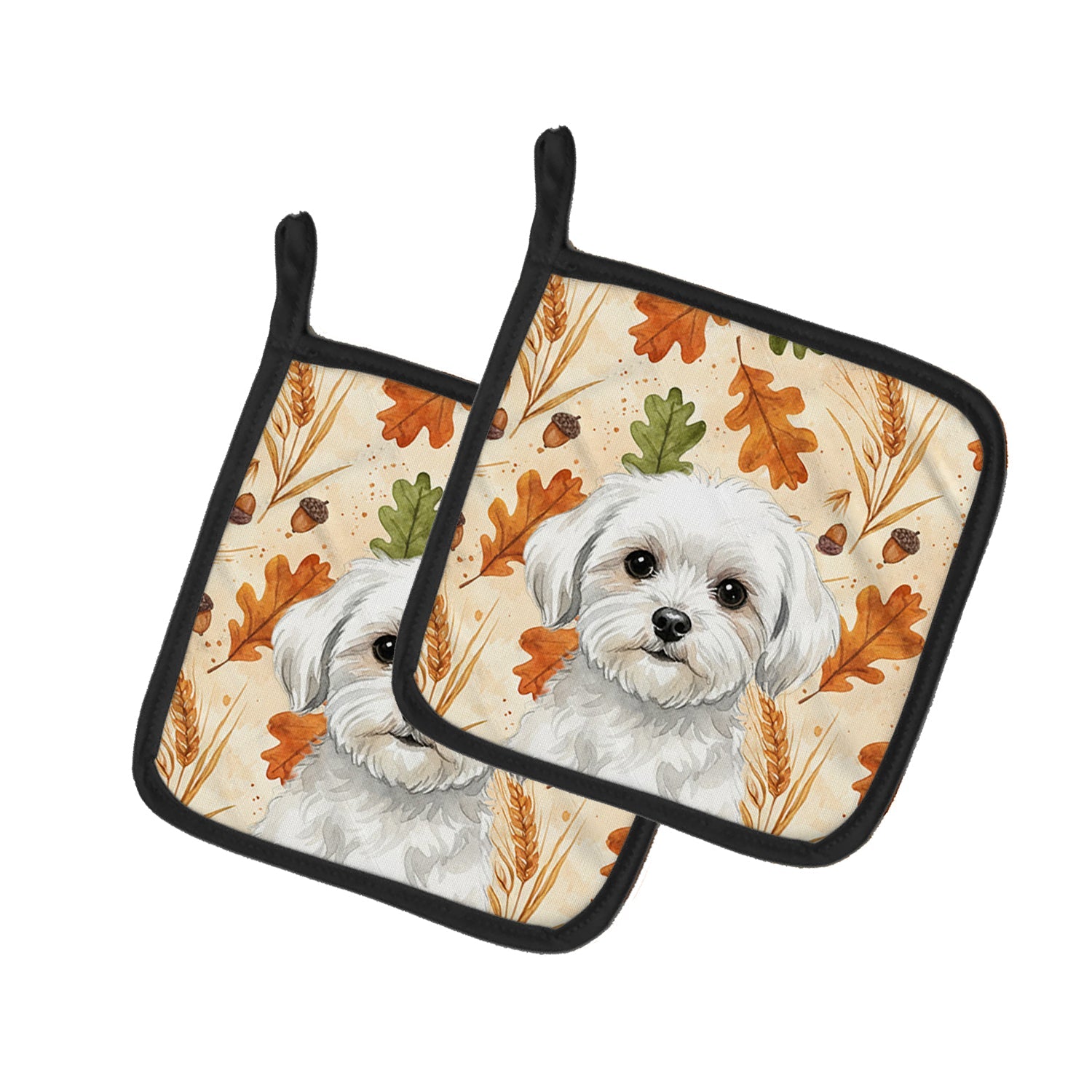 Maltese Heirloom Fall Pot Holder Set of 2 Heat Resistant Quilted Hot Pads 7.5 x 7.5 Inch, Insulated Kitchen Trivets for Cooking & Baking