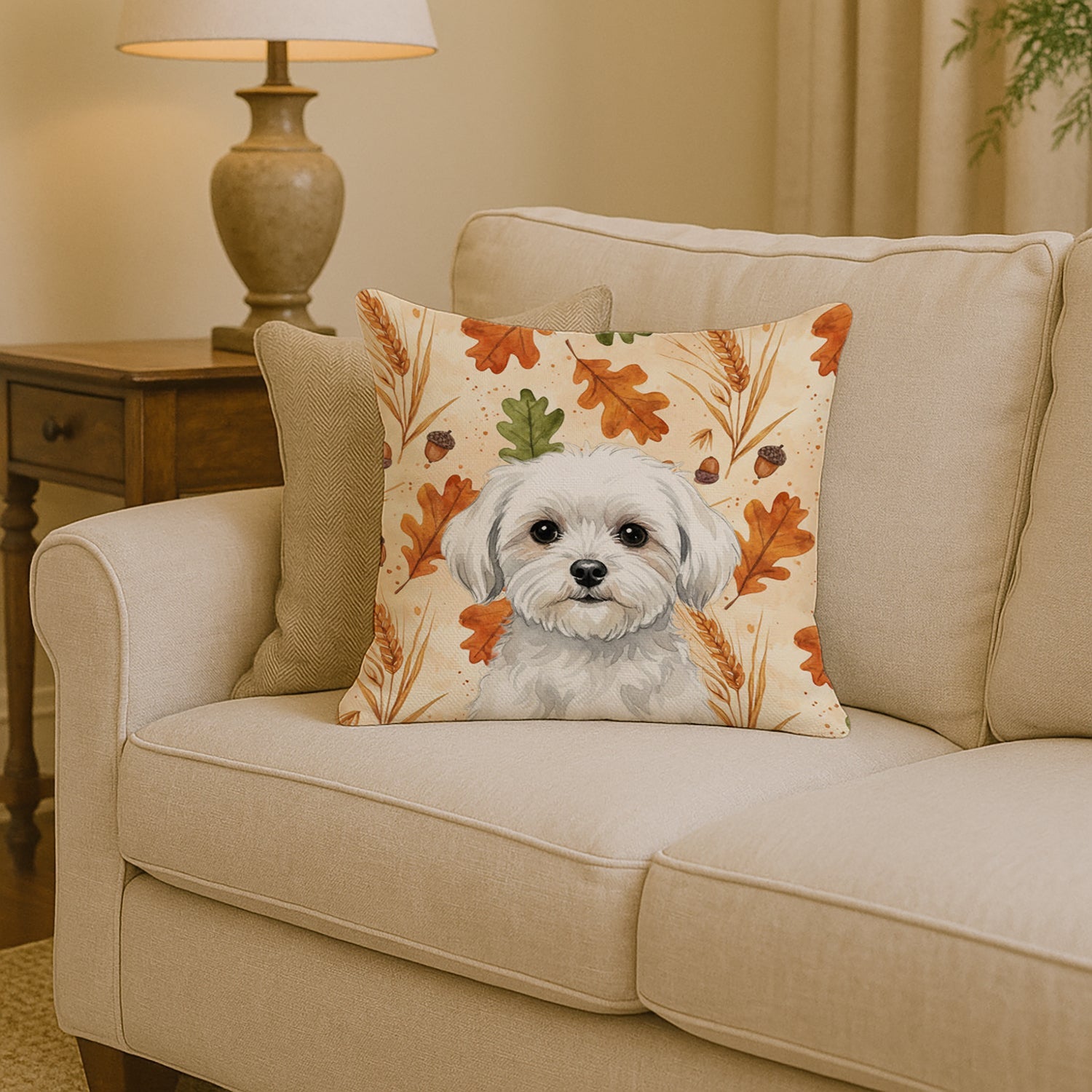 Maltese Heirloom Fall Decorative Throw Pillow 14x14 Indoor Outdoor Accent Cushion, Fabric Cover with Insert for Sofa, Bed, Porch & Living Room