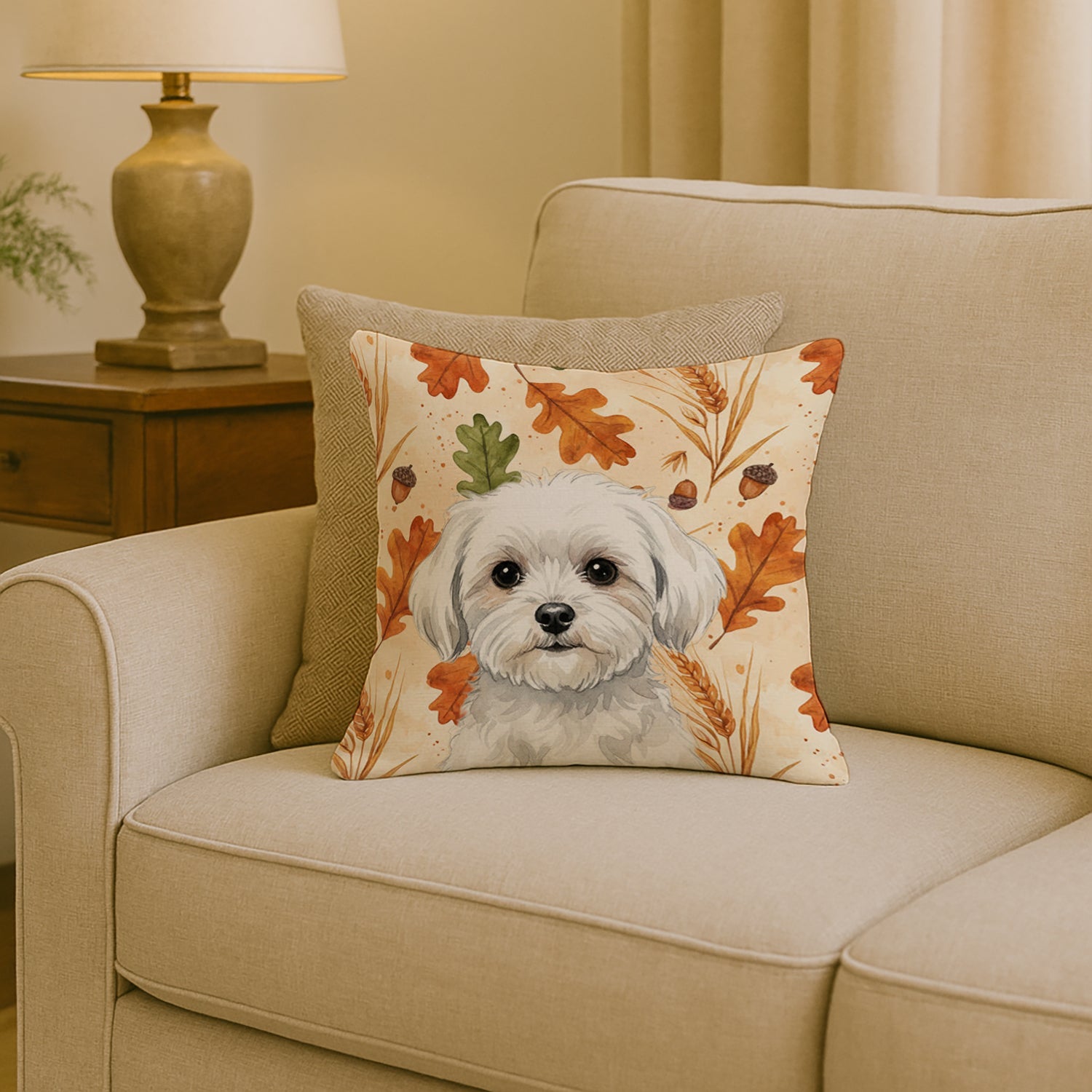 Maltese Heirloom Fall Decorative Throw Pillow 18x18 Indoor Outdoor Accent Cushion, Fabric Cover with Insert for Sofa, Bed, Porch & Living Room
