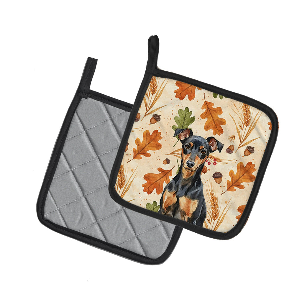Manchester Terrier Heirloom Fall Pot Holder Set of 2 Heat Resistant Quilted Hot Pads 7.5 x 7.5 Inch, Insulated Kitchen Trivets for Cooking & Baking