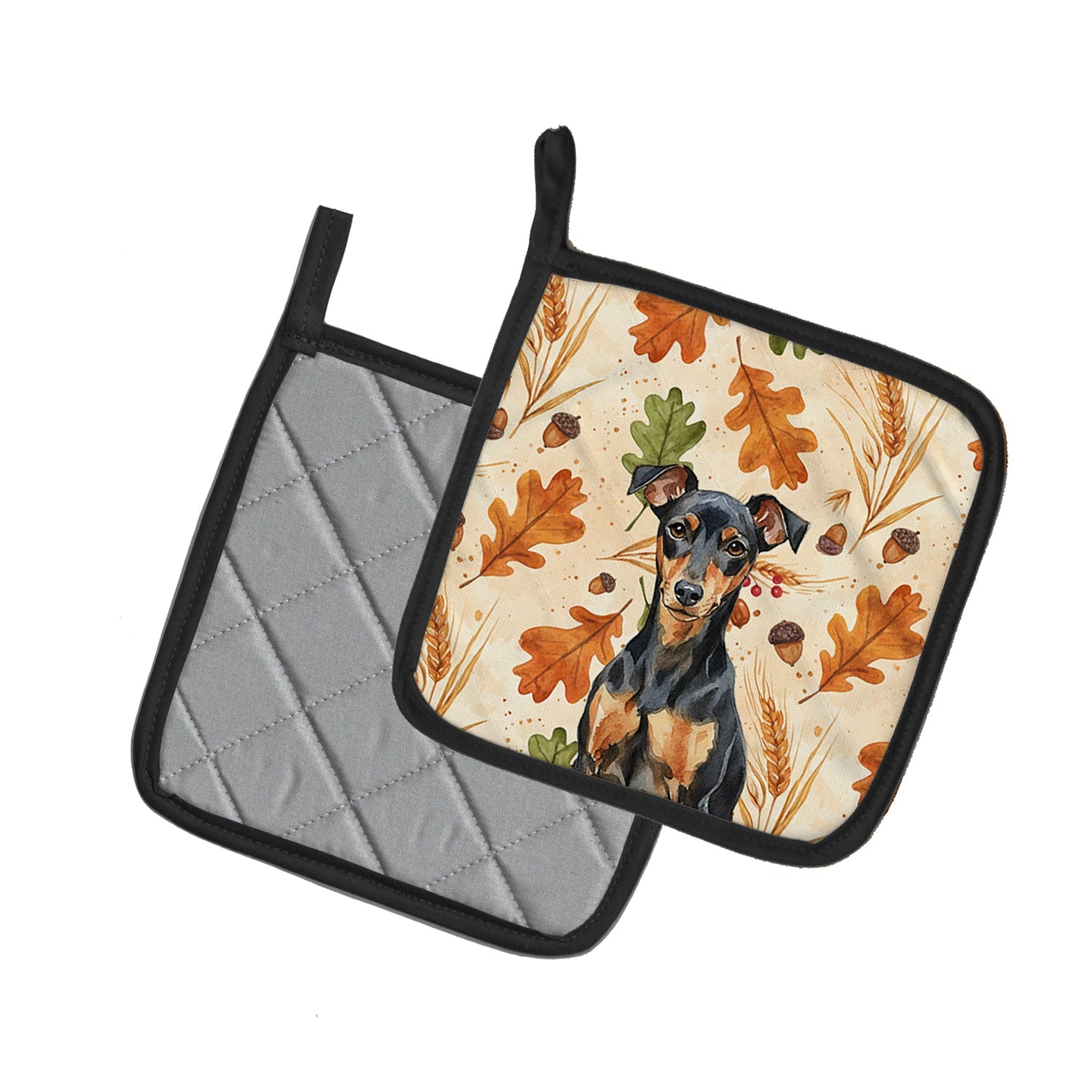 Manchester Terrier Heirloom Fall Pot Holder Set of 2 Heat Resistant Quilted Hot Pads 7.5 x 7.5 Inch, Insulated Kitchen Trivets for Cooking & Baking