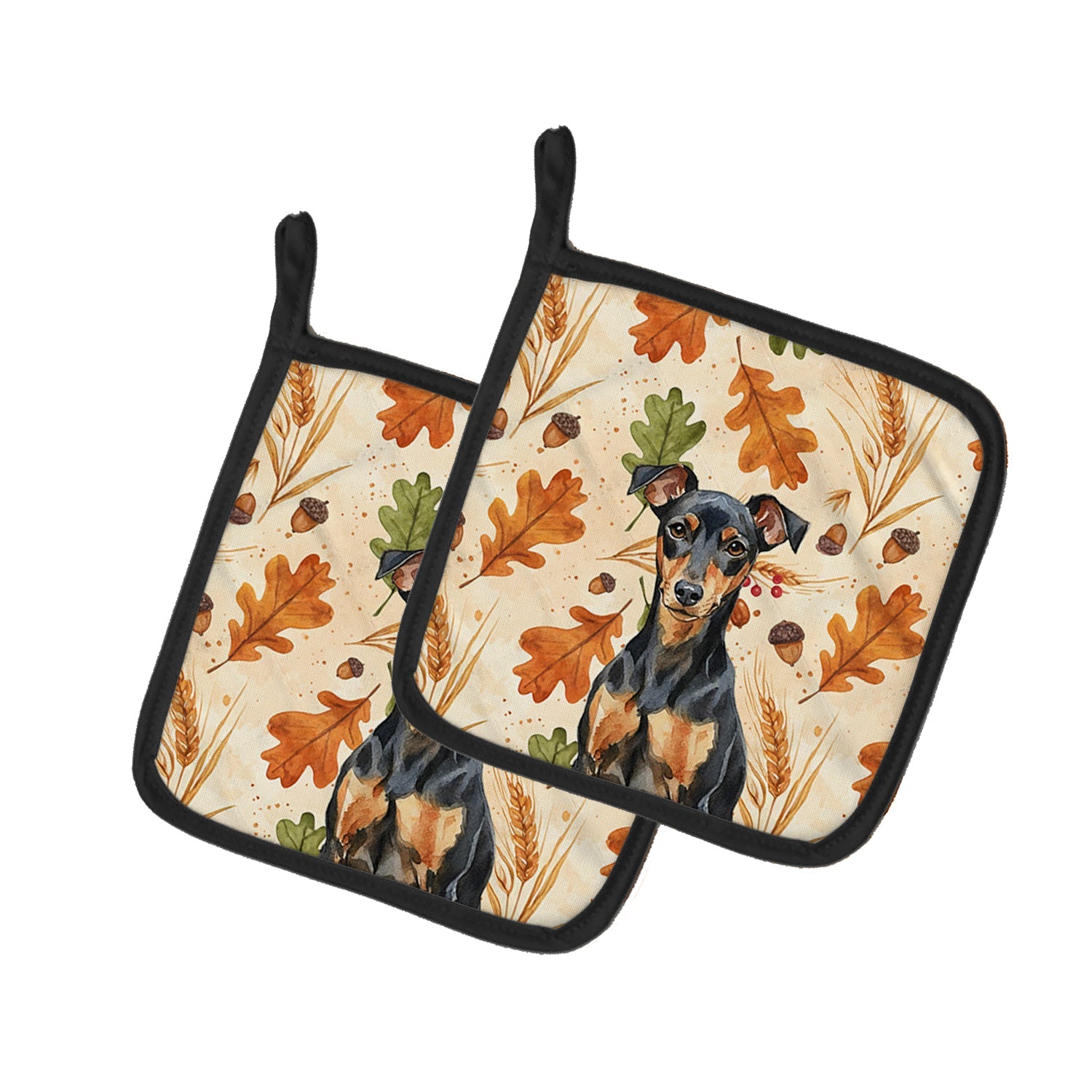 Manchester Terrier Heirloom Fall Pot Holder Set of 2 Heat Resistant Quilted Hot Pads 7.5 x 7.5 Inch, Insulated Kitchen Trivets for Cooking & Baking