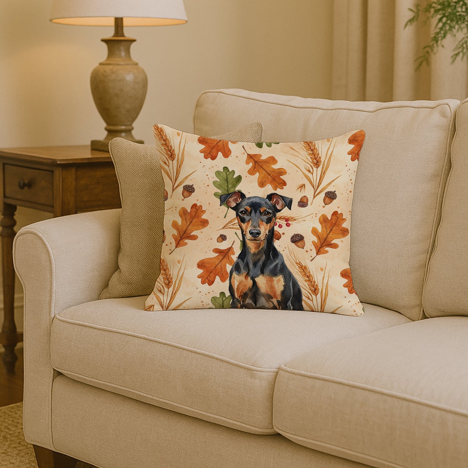 Manchester Terrier Heirloom Fall Decorative Throw Pillow 14x14 Indoor Outdoor Accent Cushion, Fabric Cover with Insert for Sofa, Bed, Porch & Living Room