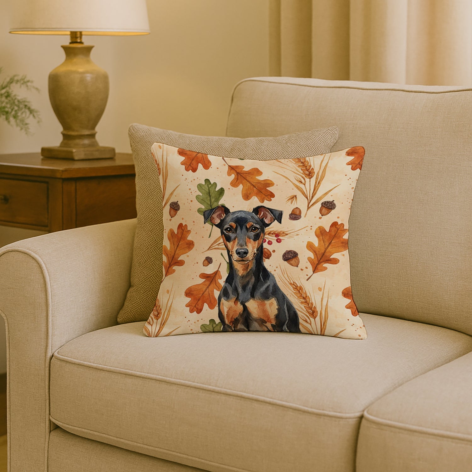 Manchester Terrier Heirloom Fall Decorative Throw Pillow 18x18 Indoor Outdoor Accent Cushion, Fabric Cover with Insert for Sofa, Bed, Porch & Living Room