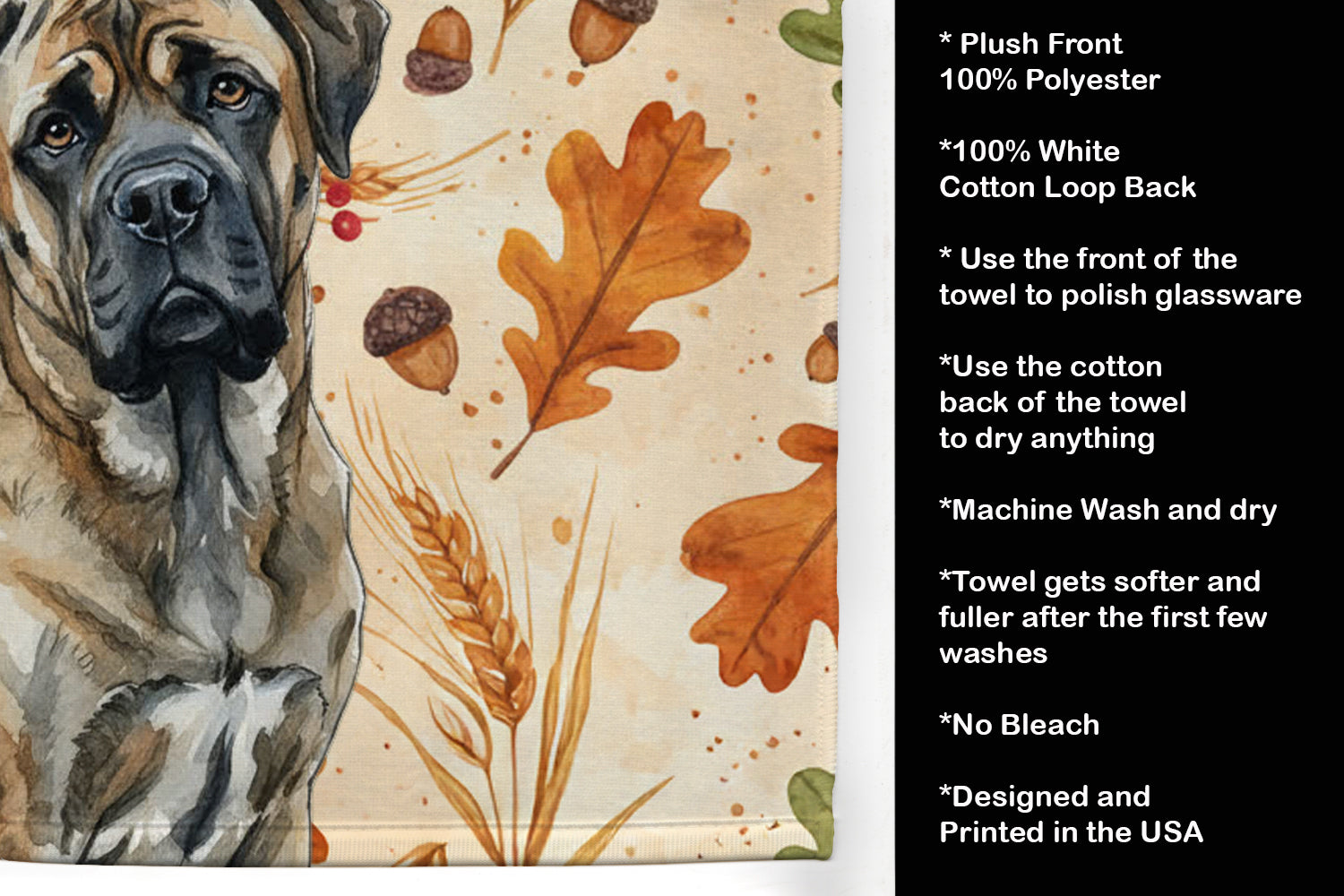 Brindle Mastiff Heirloom Fall Kitchen Towel Velour Plush Front and Cotton Loop Back Machine Washable