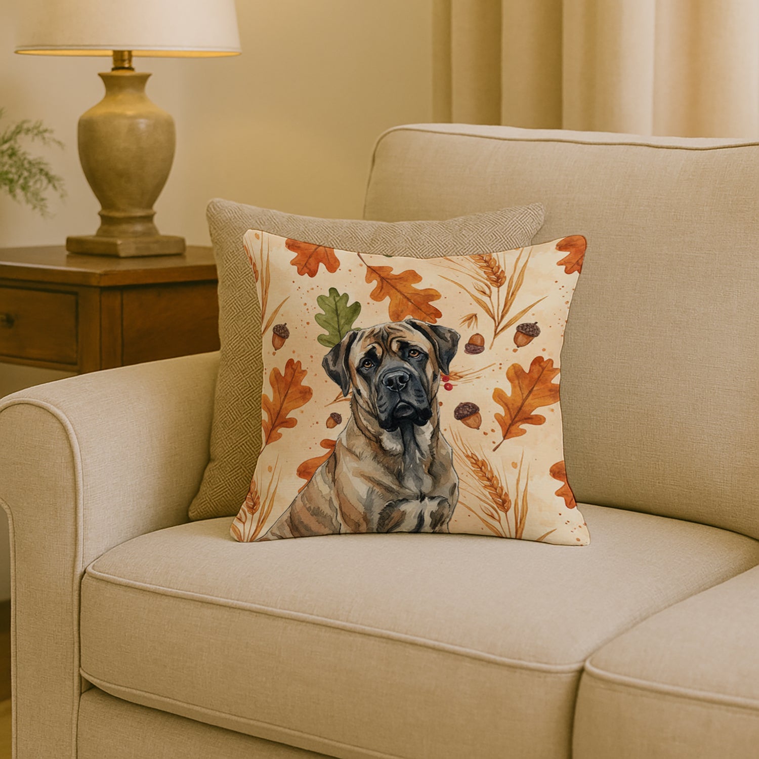Brindle Mastiff Heirloom Fall Decorative Throw Pillow 18x18 Indoor Outdoor Accent Cushion, Fabric Cover with Insert for Sofa, Bed, Porch & Living Room
