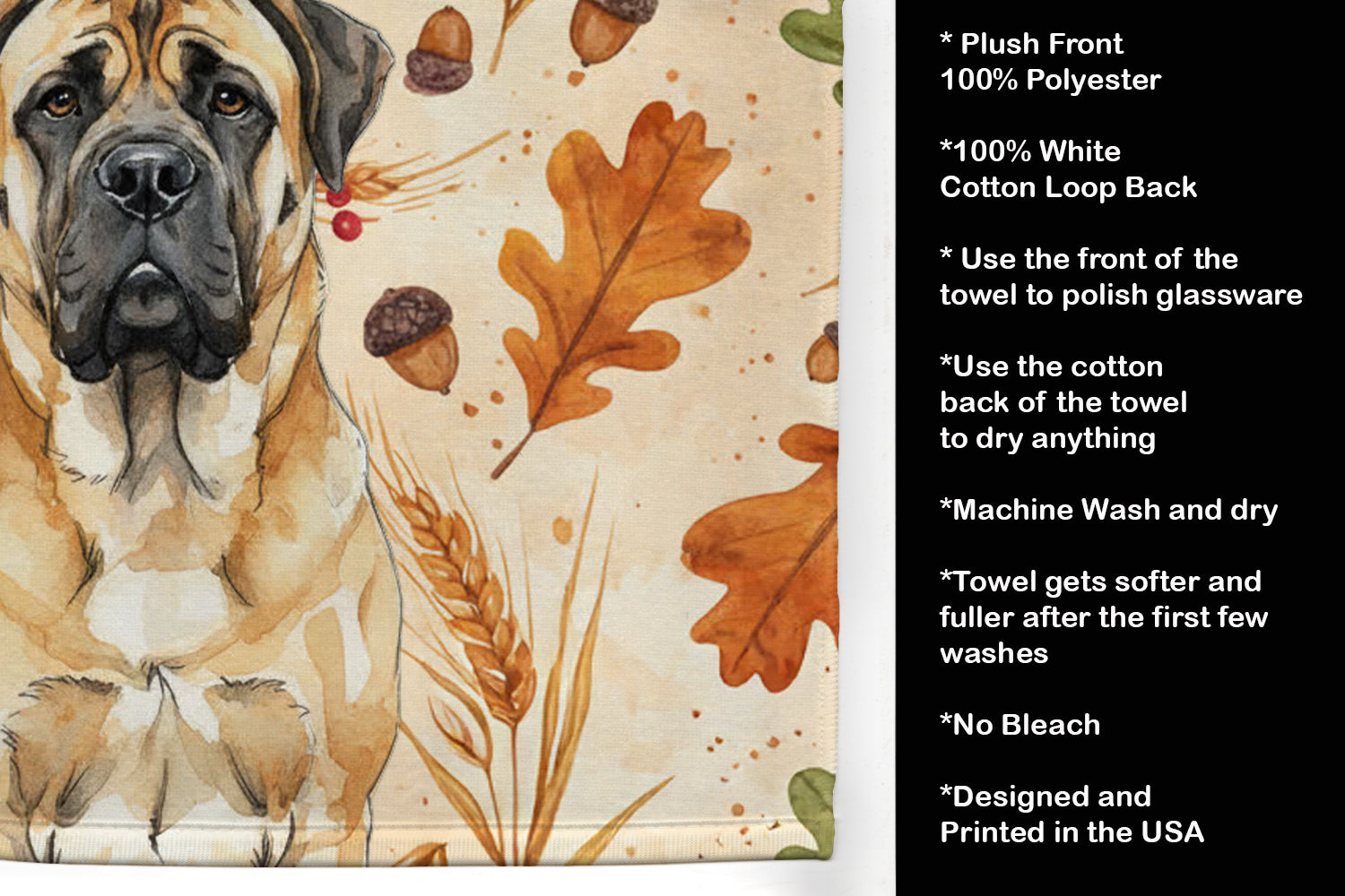Fawn Mastiff Heirloom Fall Kitchen Towel Velour Plush Front and Cotton Loop Back Machine Washable