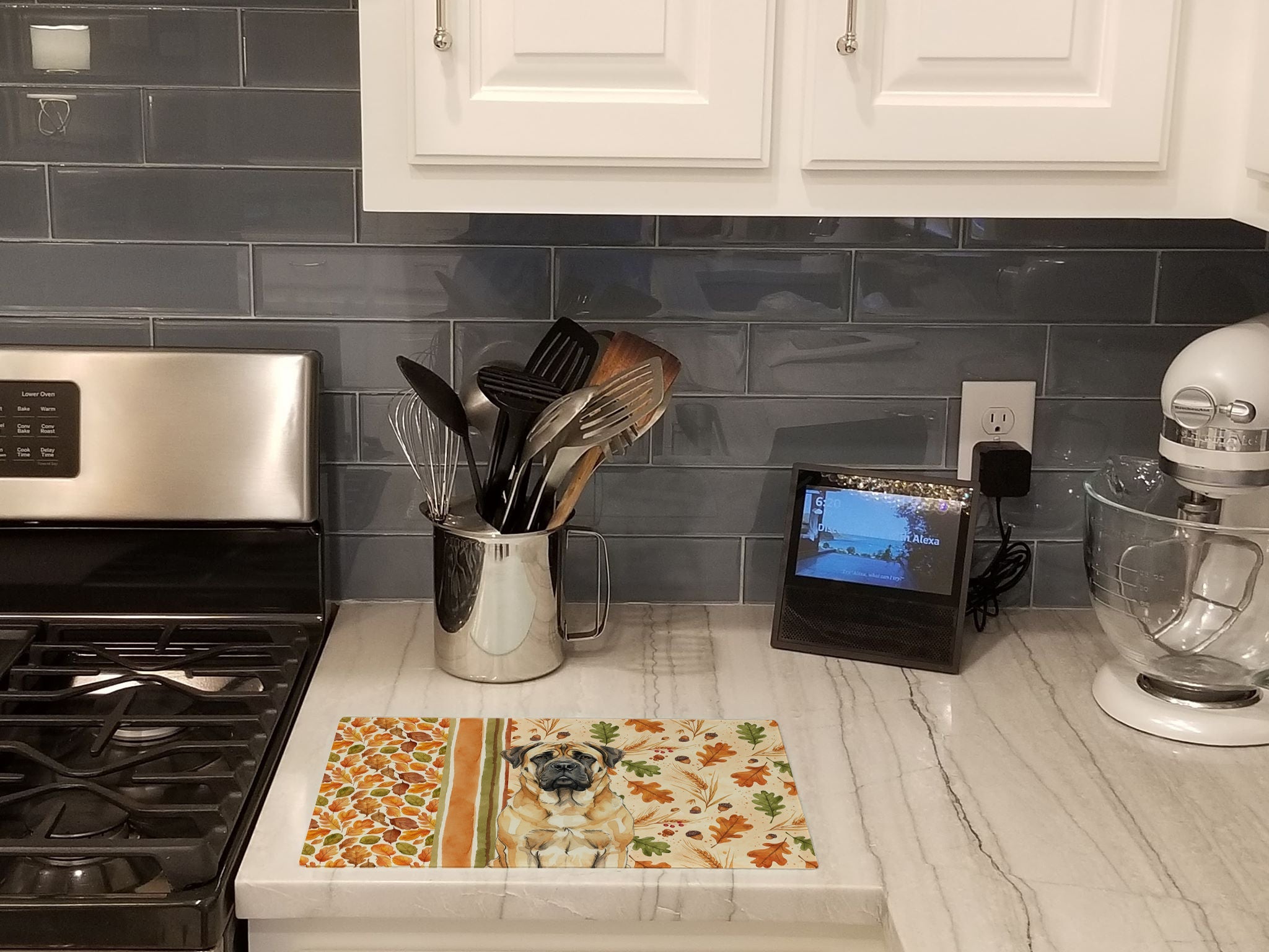 Fawn Mastiff Heirloom Fall Cutting Board Tempered Glass Kitchen Cutting Surface, Heat Resistant Chopping, Non-Slip Feet, Food Prep & Serving