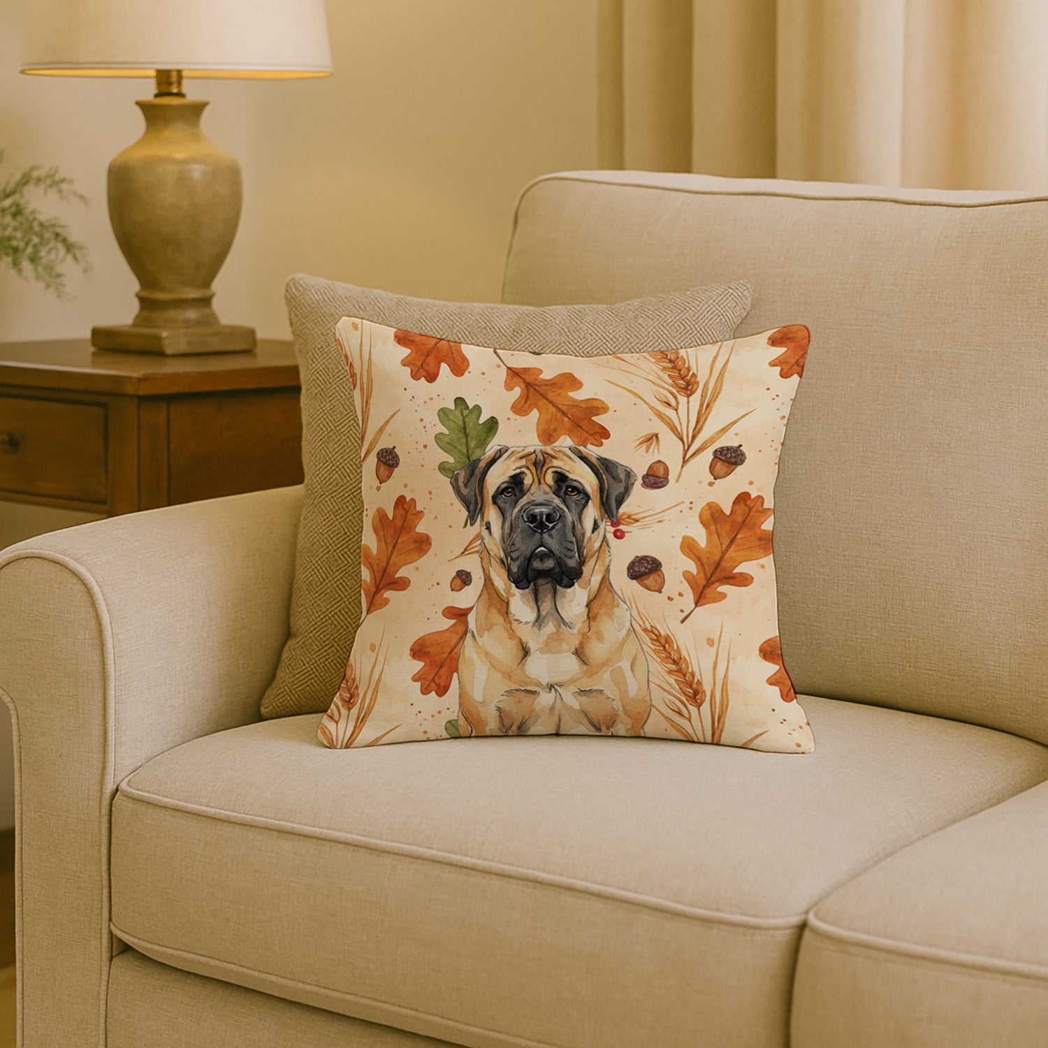 Fawn Mastiff Heirloom Fall Decorative Throw Pillow 18x18 Indoor Outdoor Accent Cushion, Fabric Cover with Insert for Sofa, Bed, Porch & Living Room