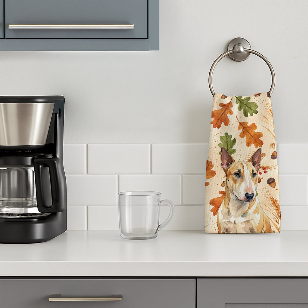Miniature Bull Terrier Heirloom Fall Kitchen Towel Velour Plush Front and Cotton Loop Back Machine Washable