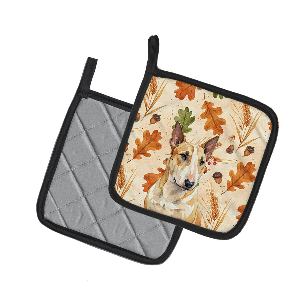 Miniature Bull Terrier Heirloom Fall Pot Holder Set of 2 Heat Resistant Quilted Hot Pads 7.5 x 7.5 Inch, Insulated Kitchen Trivets for Cooking & Baking