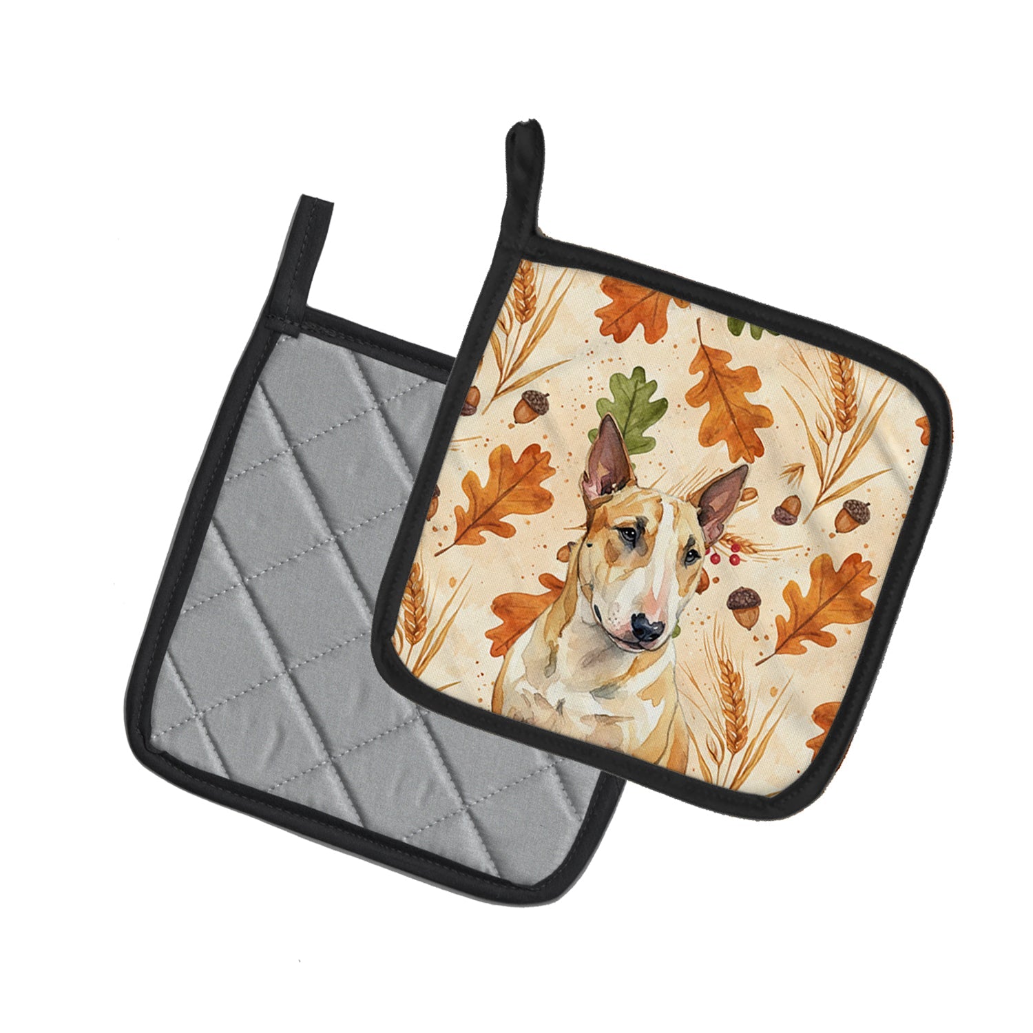 Miniature Bull Terrier Heirloom Fall Pot Holder Set of 2 Heat Resistant Quilted Hot Pads 7.5 x 7.5 Inch, Insulated Kitchen Trivets for Cooking & Baking