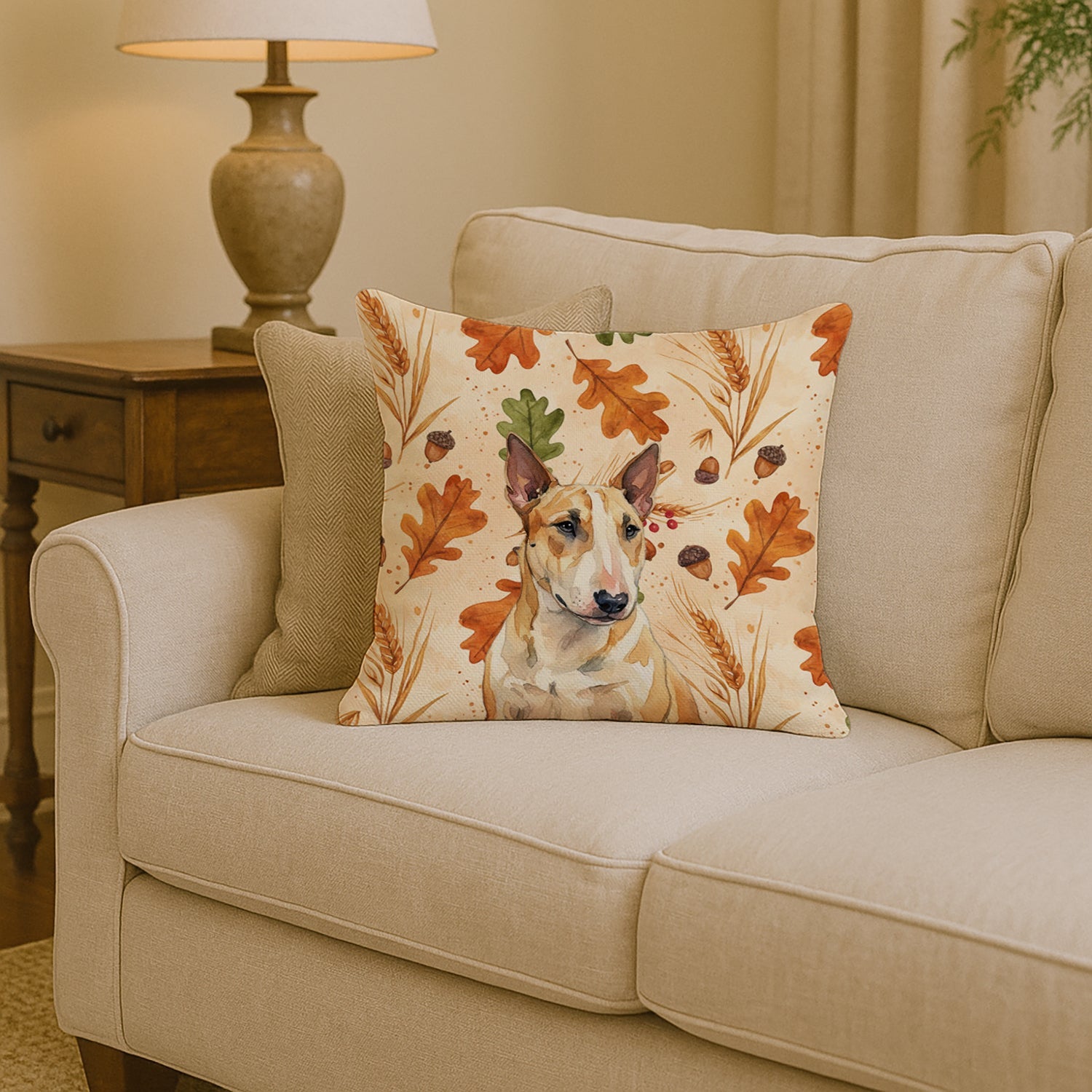 Miniature Bull Terrier Heirloom Fall Decorative Throw Pillow 14x14 Indoor Outdoor Accent Cushion, Fabric Cover with Insert for Sofa, Bed, Porch & Living Room