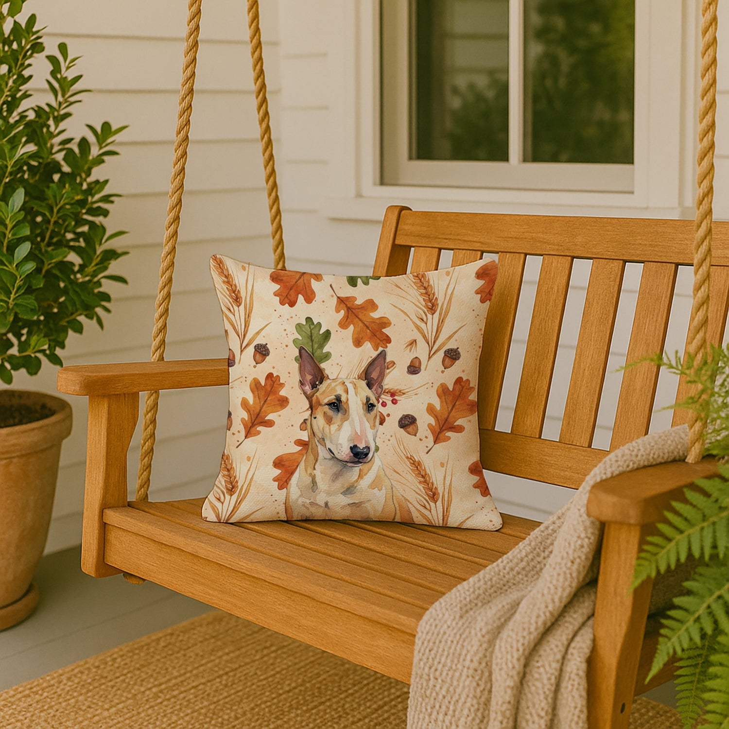 Miniature Bull Terrier Heirloom Fall Decorative Throw Pillow 18x18 Indoor Outdoor Accent Cushion, Fabric Cover with Insert for Sofa, Bed, Porch & Living Room