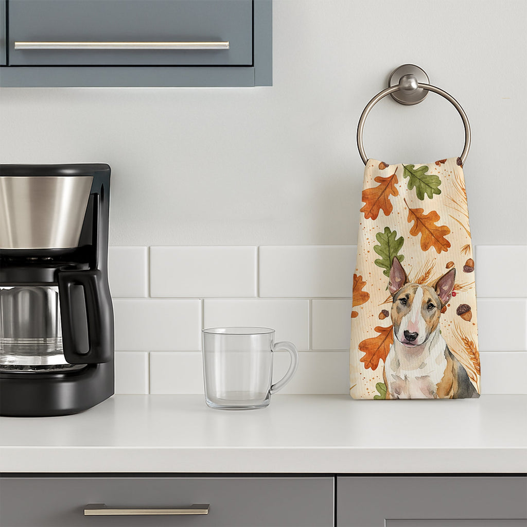 Tricolor Miniature Bull Terrier Heirloom Fall Kitchen Towel Velour Plush Front and Cotton Loop Back Machine Washable