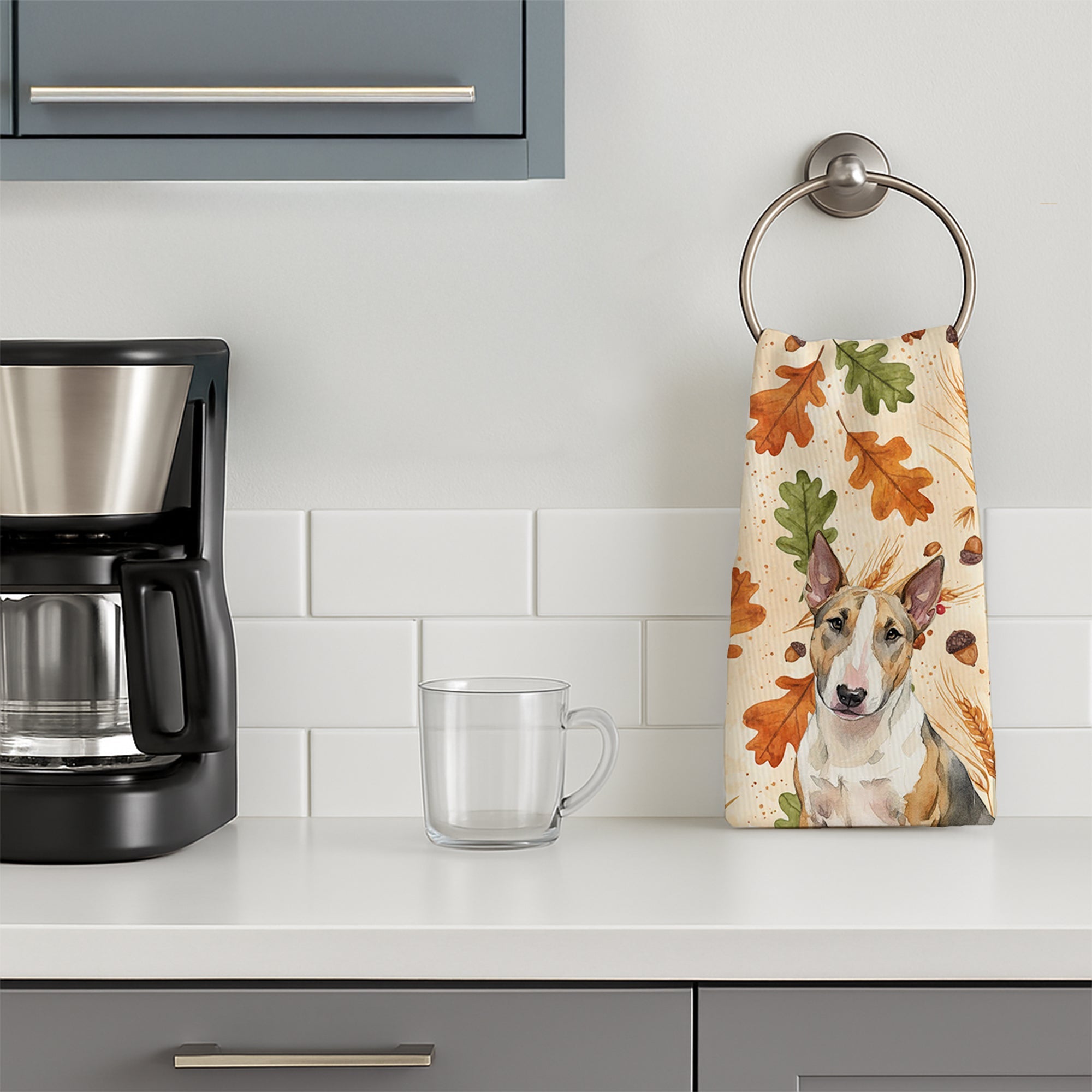 Tricolor Miniature Bull Terrier Heirloom Fall Kitchen Towel Velour Plush Front and Cotton Loop Back Machine Washable