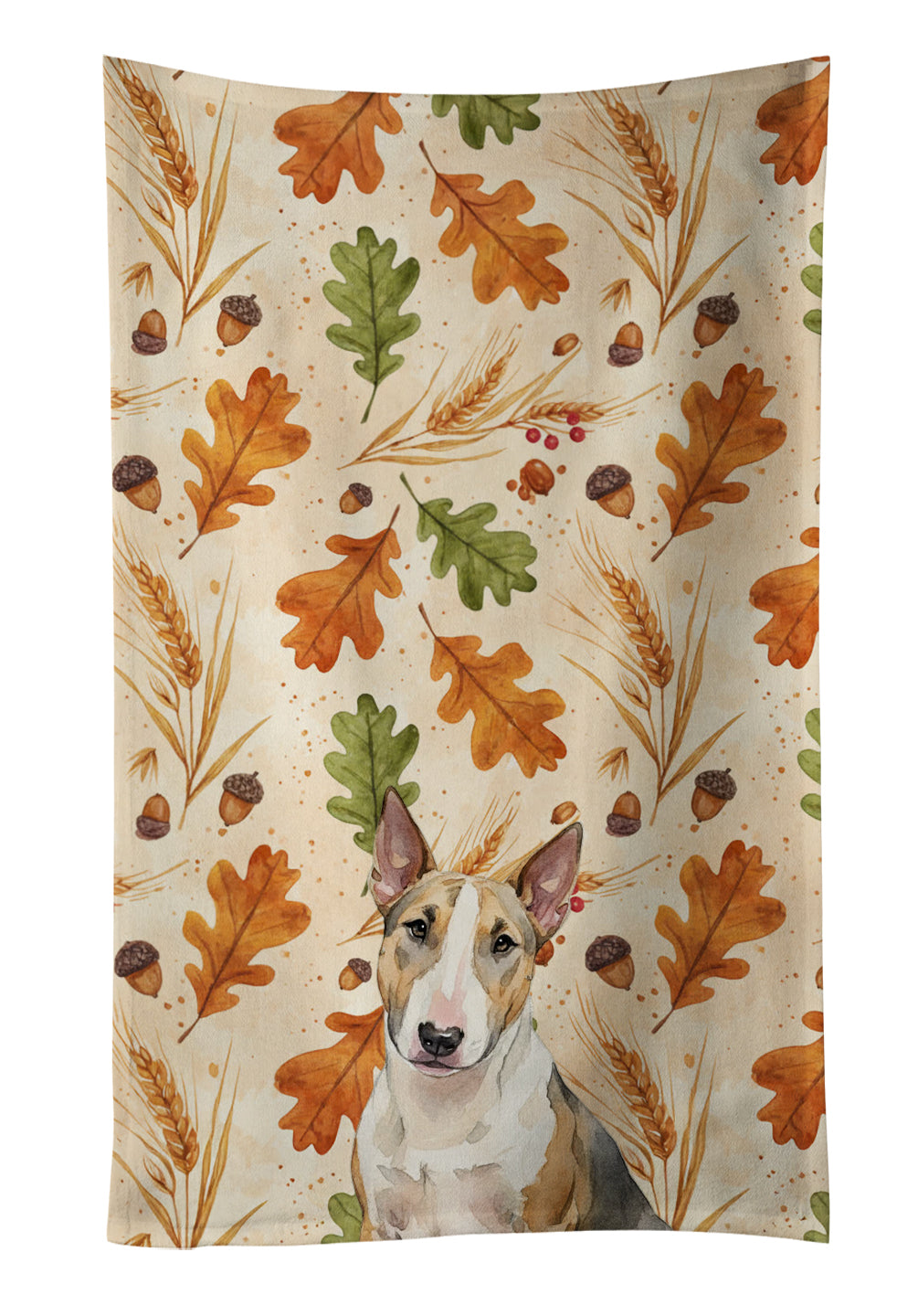 Tricolor Miniature Bull Terrier Heirloom Fall Kitchen Towel Velour Plush Front and Cotton Loop Back Machine Washable