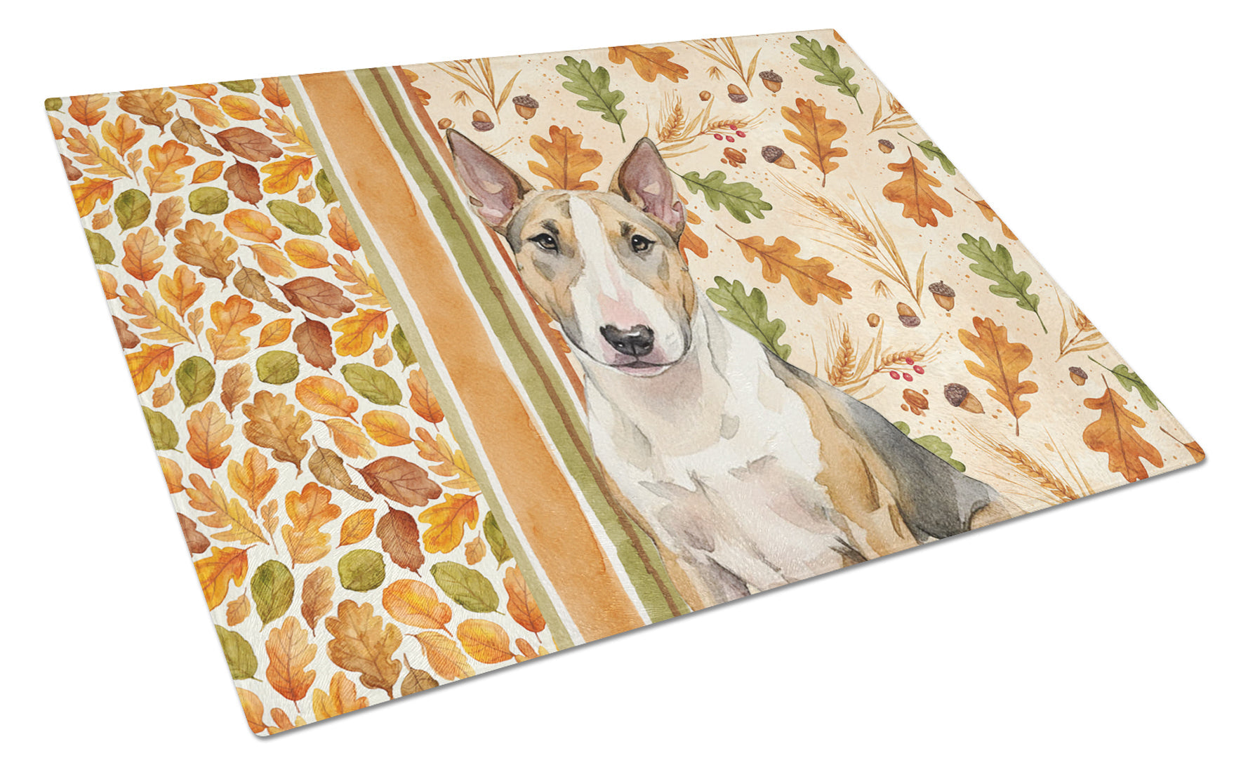 Tricolor Miniature Bull Terrier Heirloom Fall Cutting Board Tempered Glass Kitchen Cutting Surface, Heat Resistant Chopping, Non-Slip Feet, Food Prep & Serving