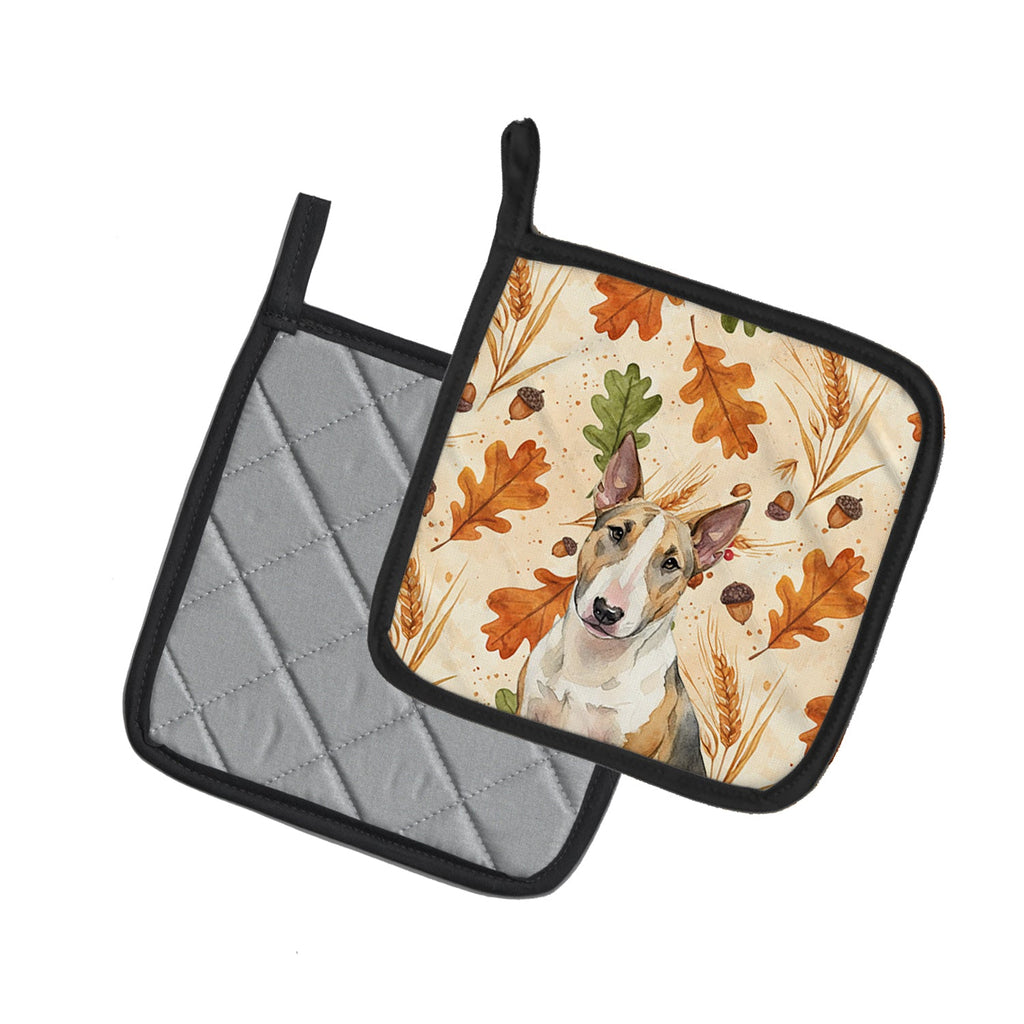 Tricolor Miniature Bull Terrier Heirloom Fall Pot Holder Set of 2 Heat Resistant Quilted Hot Pads 7.5 x 7.5 Inch, Insulated Kitchen Trivets for Cooking & Baking
